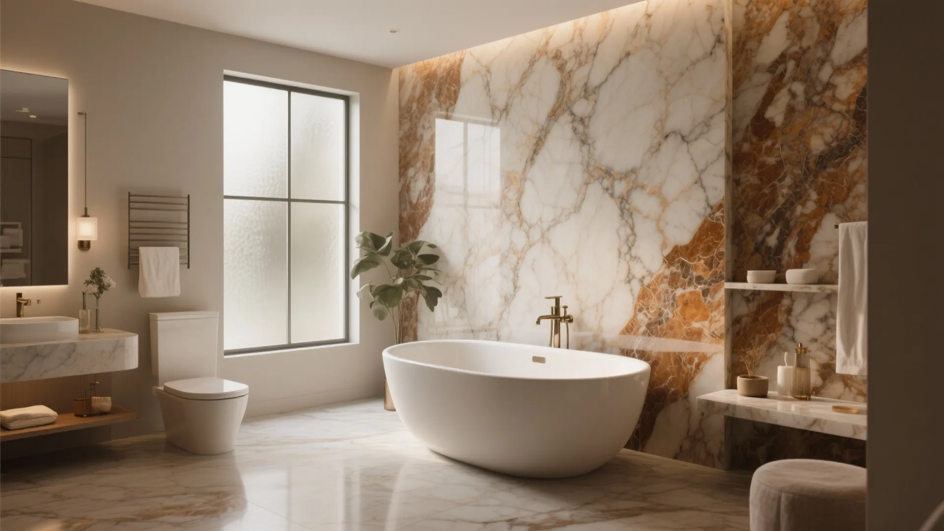 Modern luxury bathroom with large marble accent wall, white bathtub, toilet, and natural window lighting