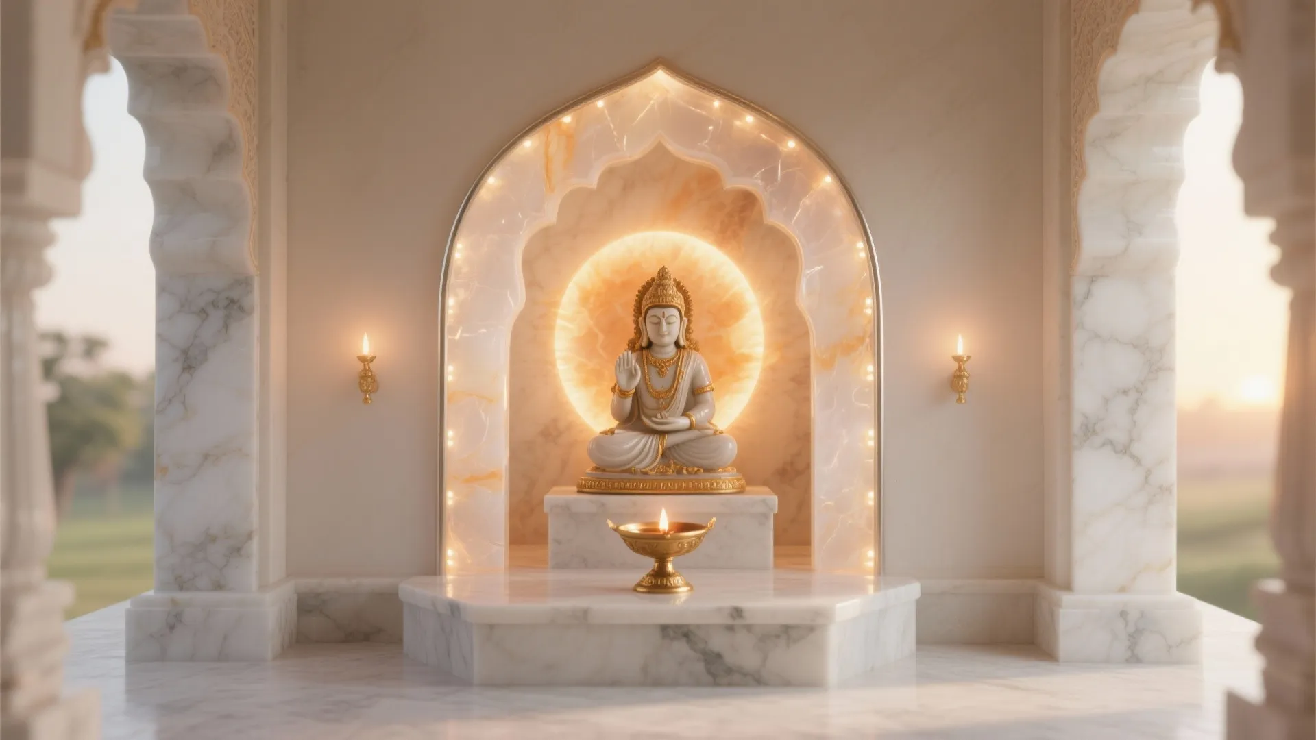 Backlit glass or onyx arch for a luminous halo