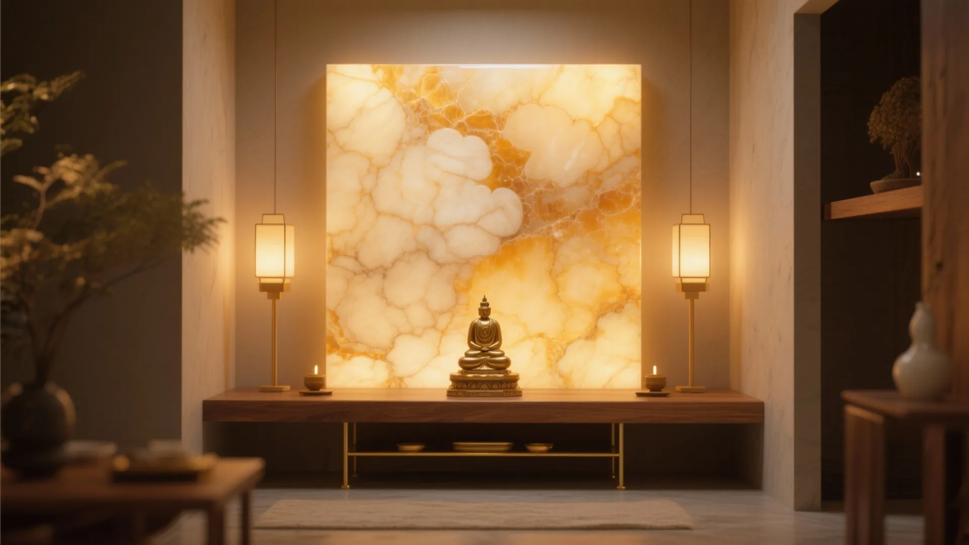 Large glowing stone wall panel behind gold Buddha statue with two lamps on wooden long bench