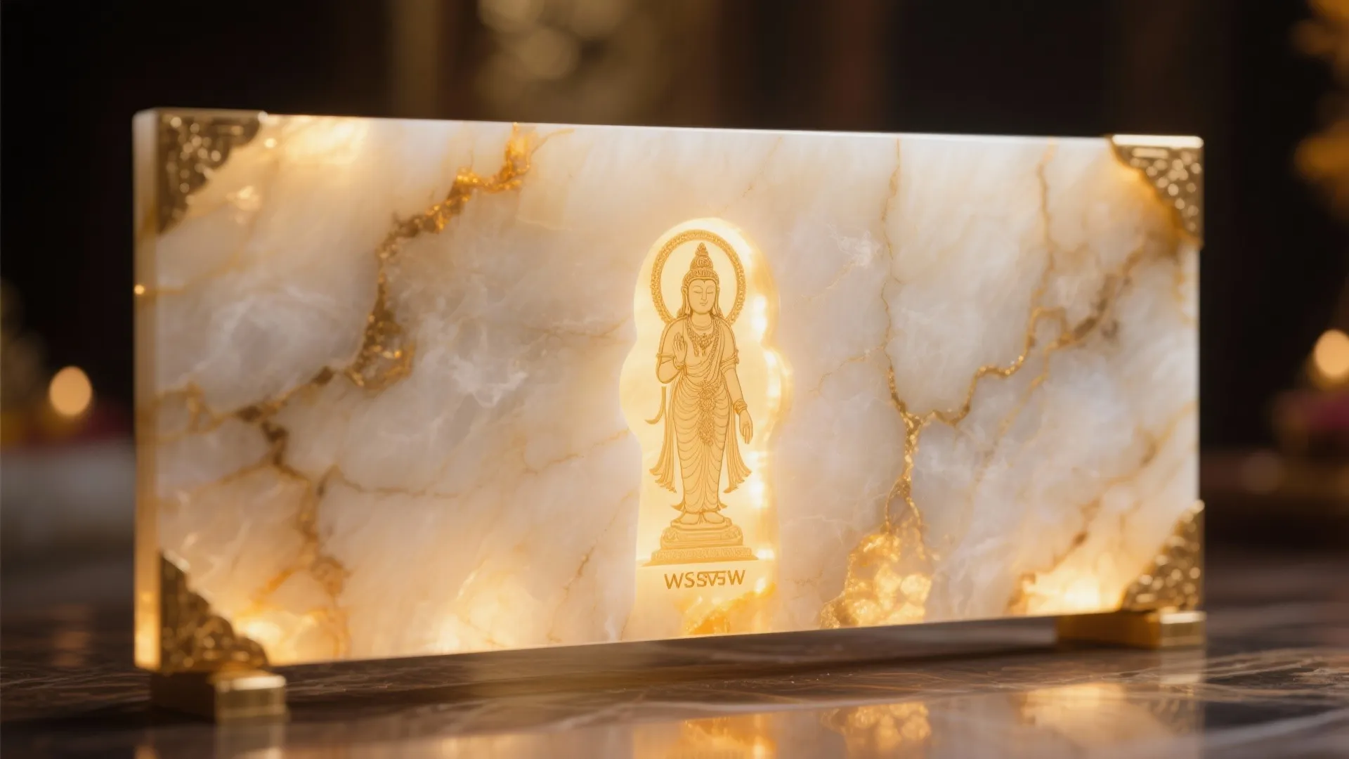 Macro of a translucent onyx panel with warm backlighting revealing soft veining and a gentle golden halo.