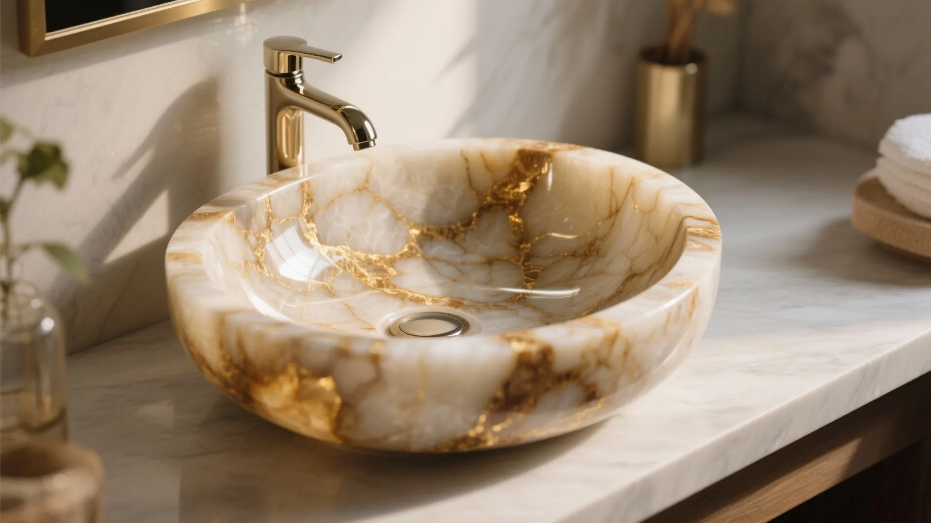 Close up of round marble sink basin with gold patterns and matching gold bathroom tap