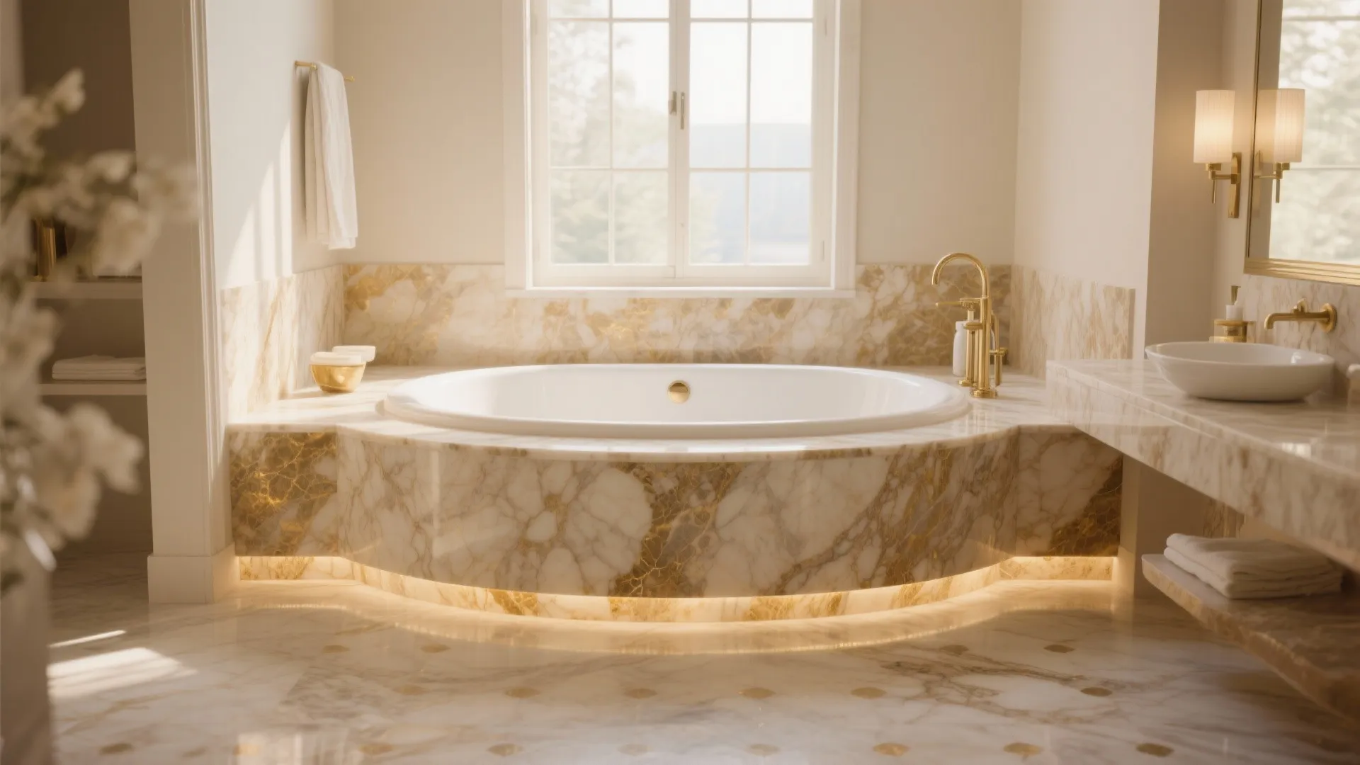 Round white bathtub with marble surround and gold faucet under a large bright bathroom window