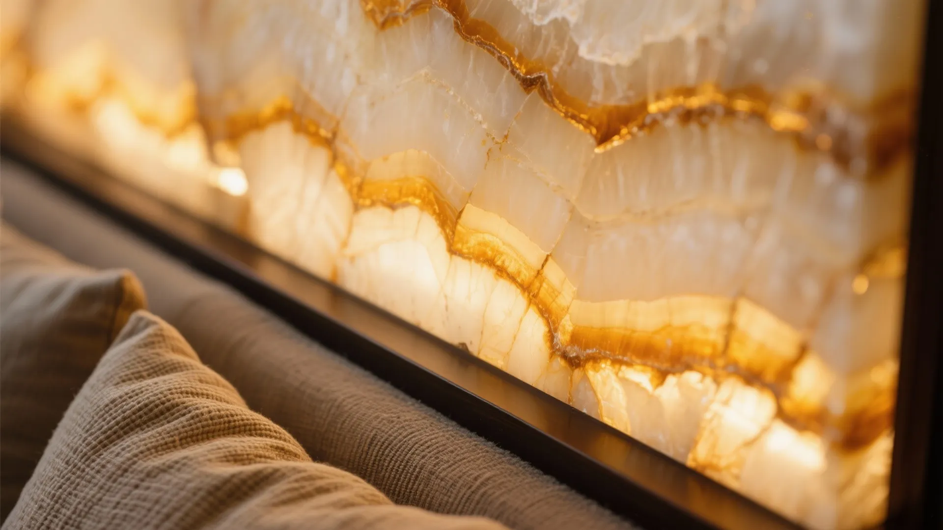 Close-up of glowing honey onyx veining with a textured khadi cushion edge.
