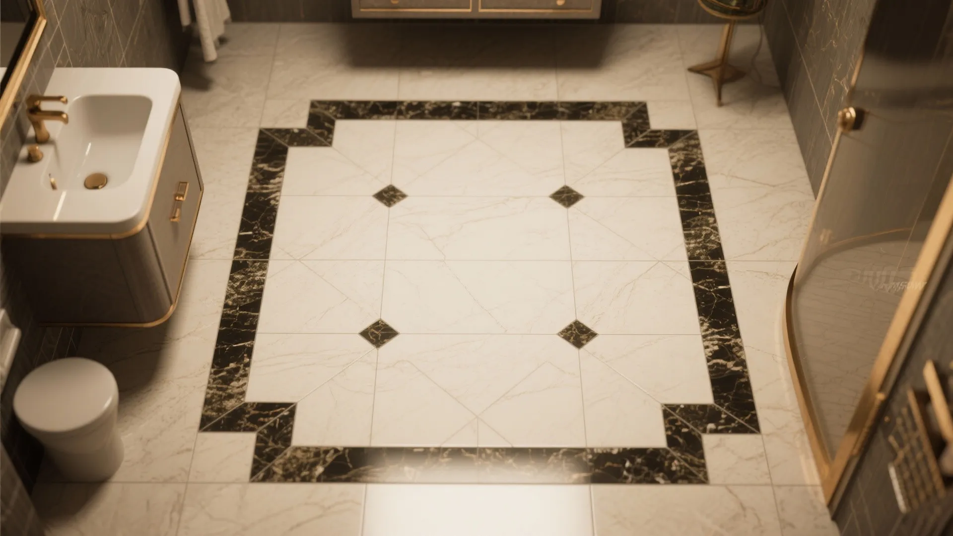 Luxury bathroom floor with white marble tiles and black geometric patterns plus a white sink
