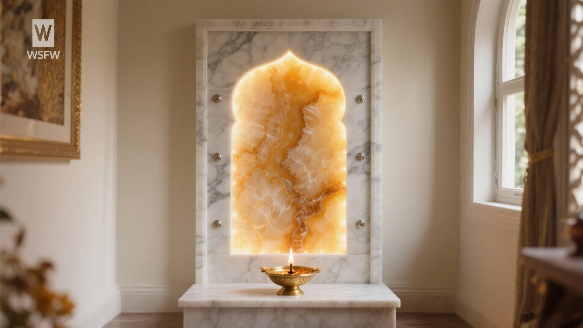 Stone or onyx frame with a luminous backdrop