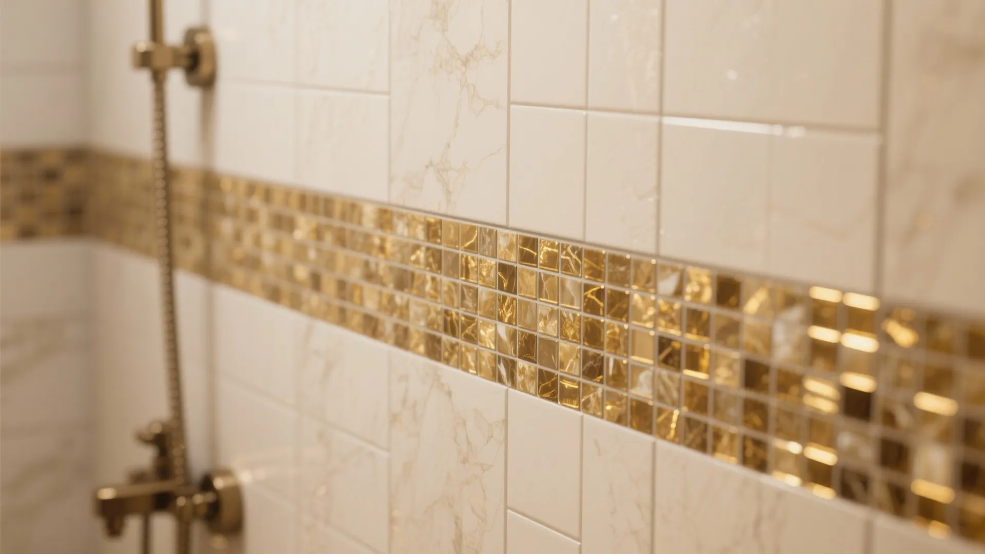 White marble wall tiles featuring a horizontal gold mosaic border and a gold shower faucet