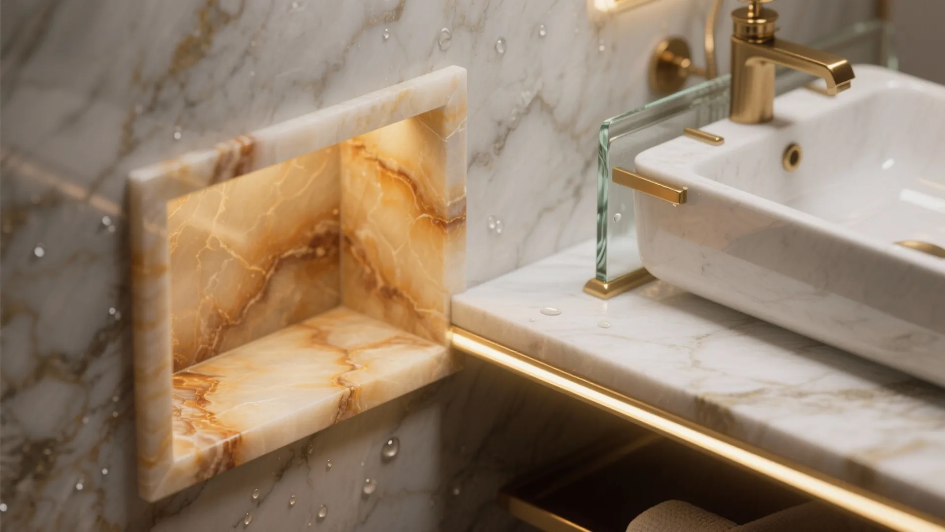 Onyx Niches, Ledges, and a Floating Vanity