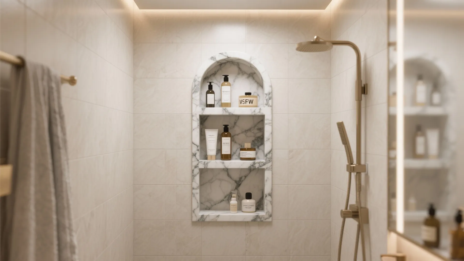 Arched marble wall shelf inside shower area holding various bathroom bottles near gold shower head