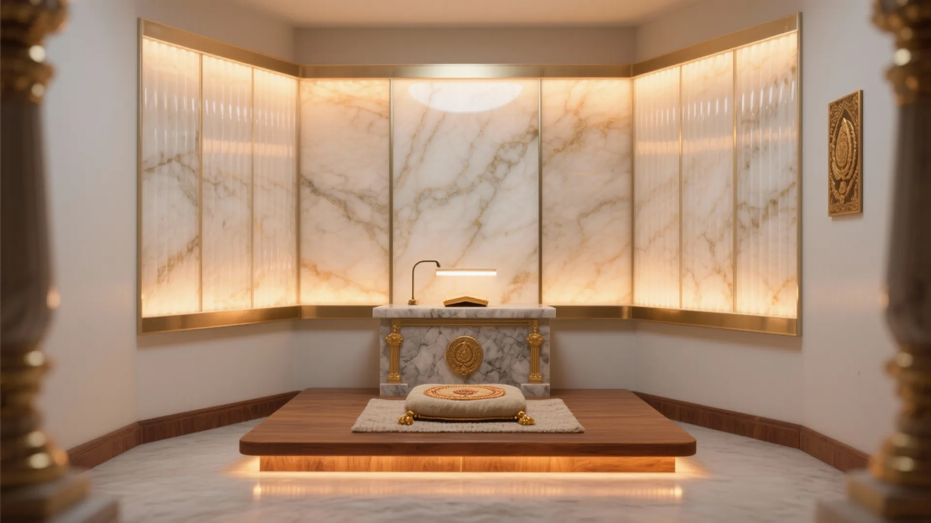 Modern prayer room with marble wall panel wood platform floor cushion and small desk light fixture