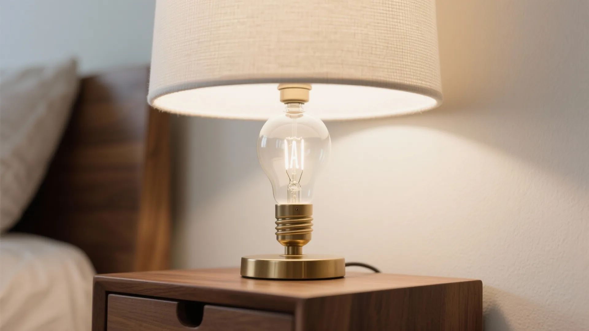 Macro view of frosted opal A19 bulb diffusing light inside a linen drum shade.