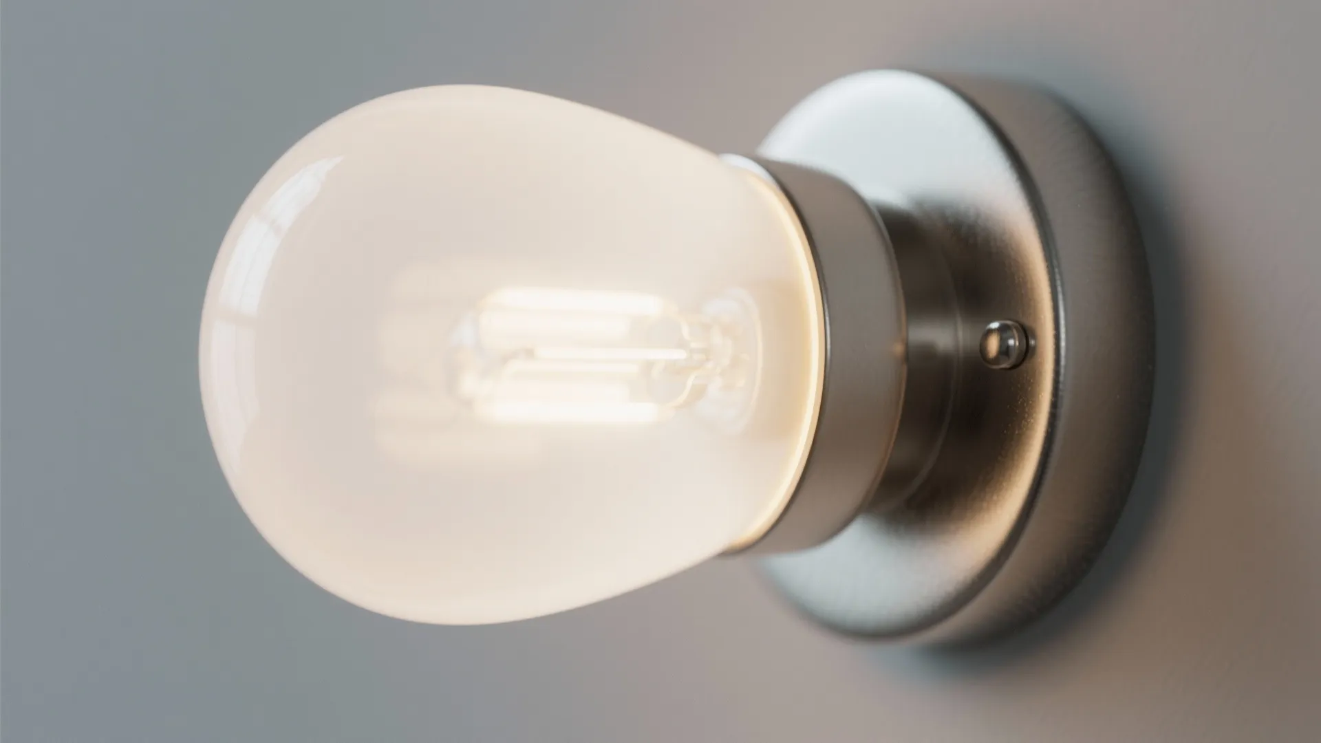 Close up view of a round wall light with white glass bulb and metal base