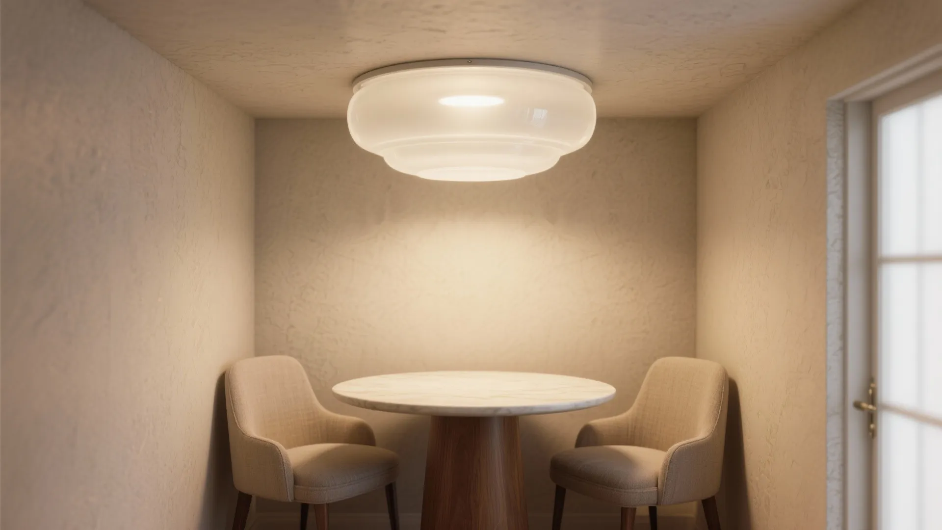 Compact dining nook lit by a semi-translucent opal glass flush mount creating a soft glow.