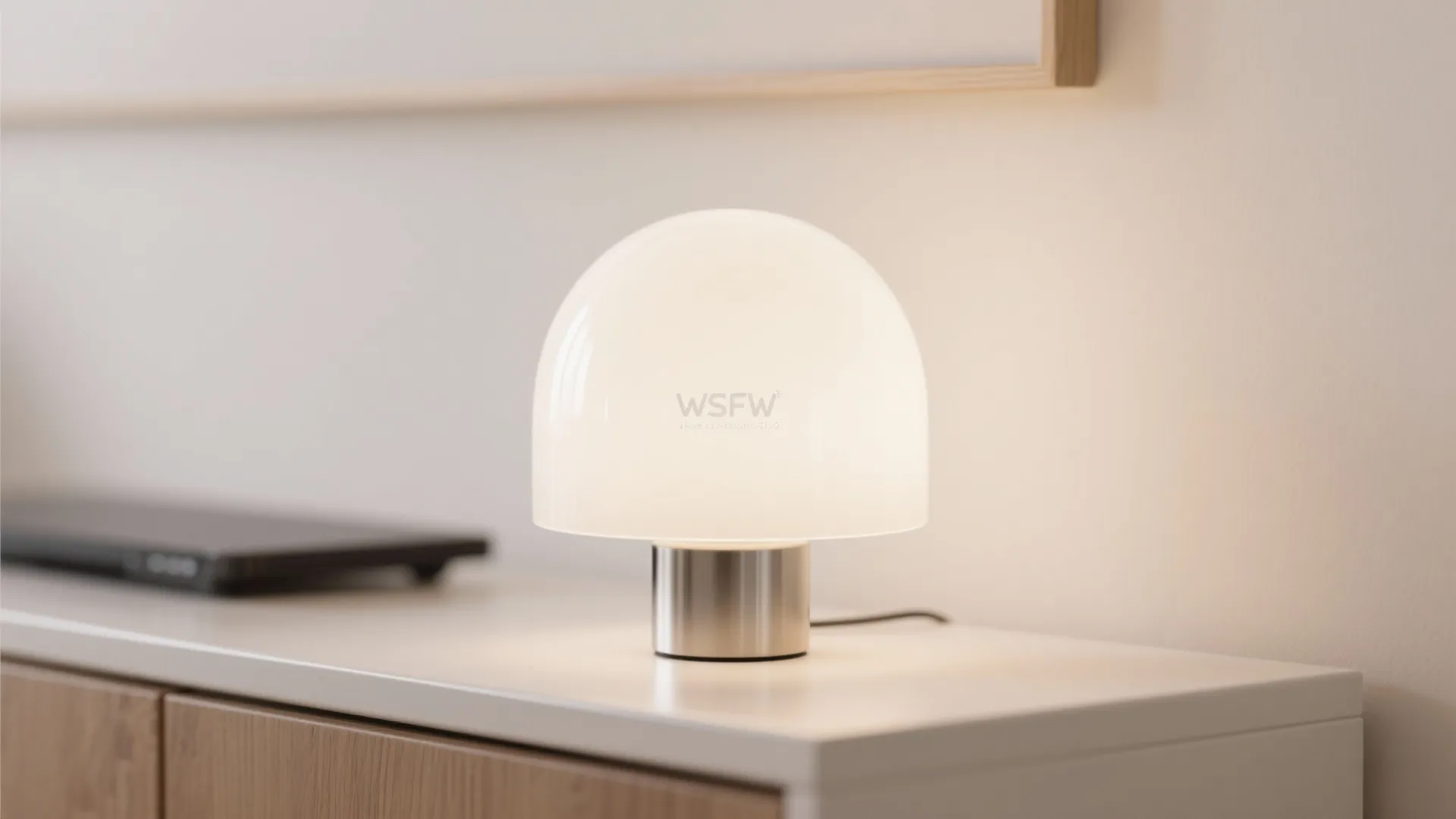 Small round white glass table light with silver metal base placed on a white cabinet top