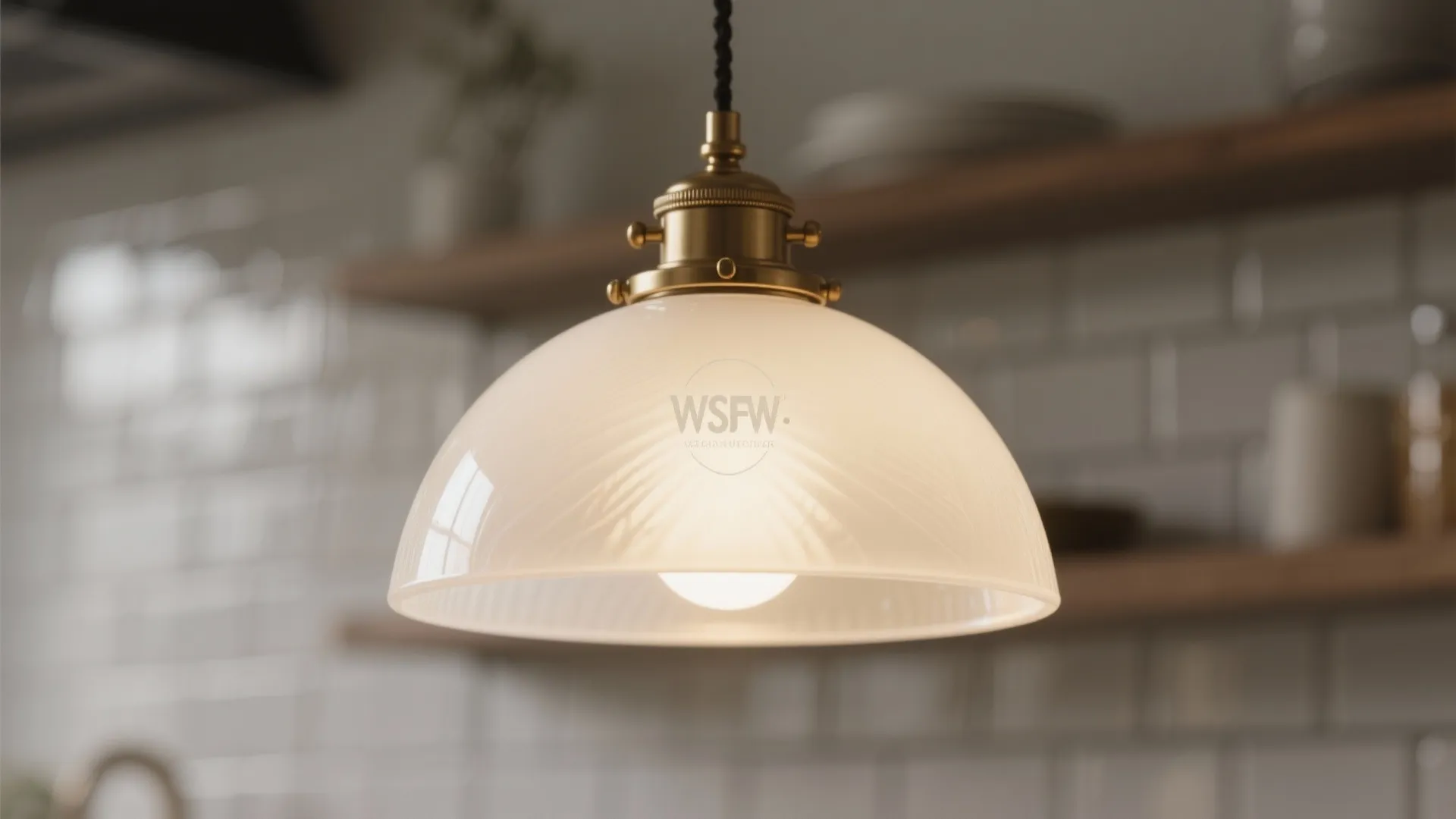 Close up view of white glass ceiling light with brass metal fixture in a kitchen