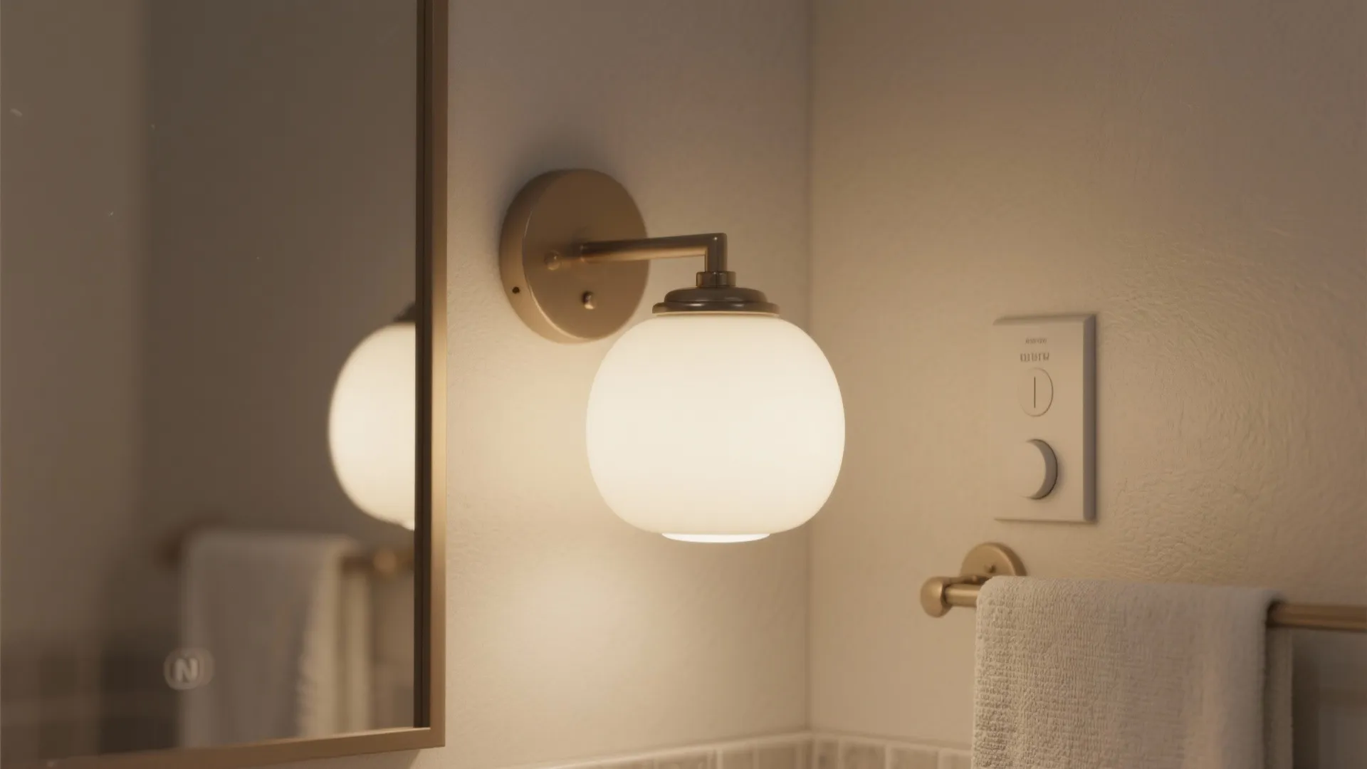 Opal glass pendant casting a soft, diffuse glow in a small bathroom, creating a spa-like atmosphere