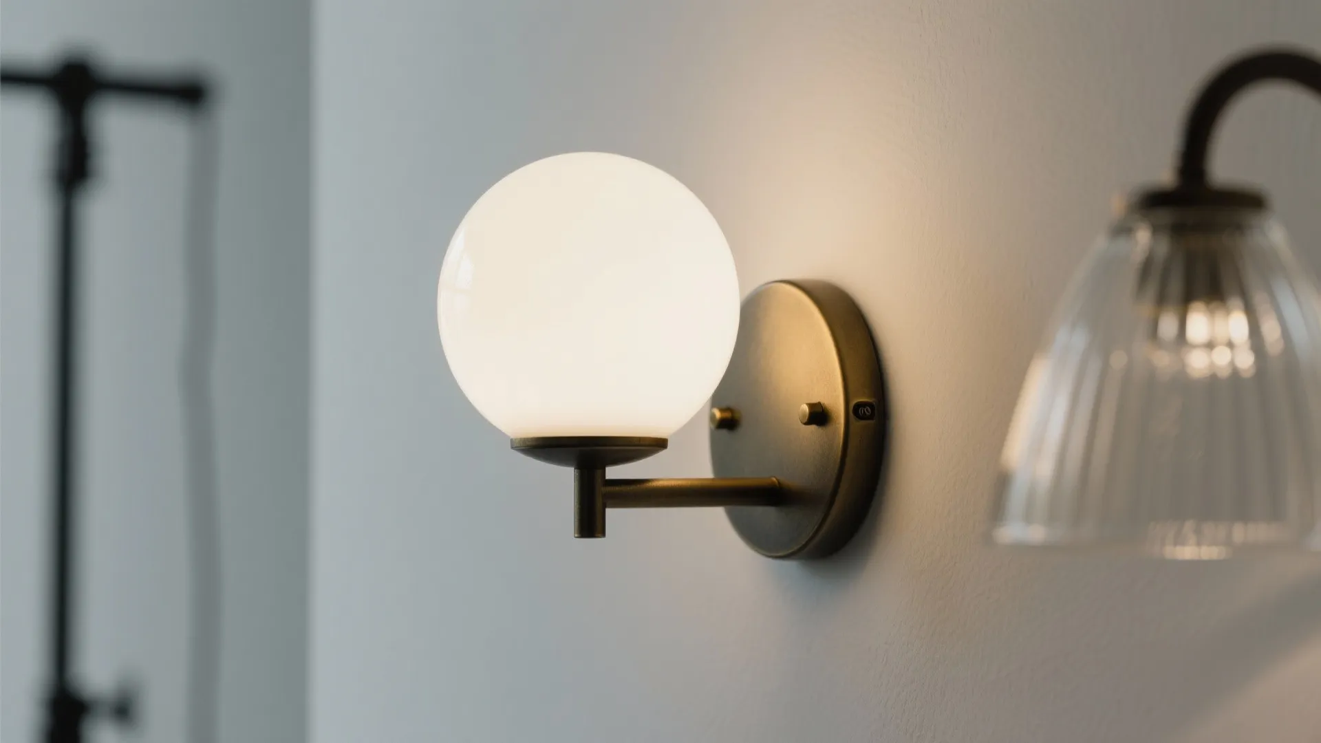 Macro of an opal glass globe sconce with soft, even diffusion and warm light in a small studio.