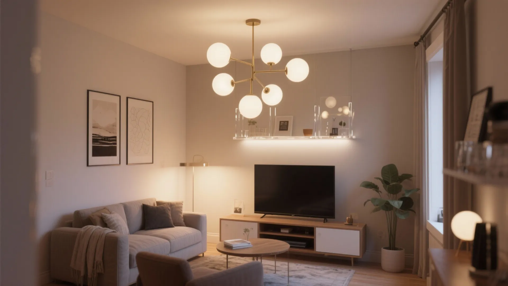 Small studio with 6-globe opal glass chandelier diffusing light for uniform ambient.