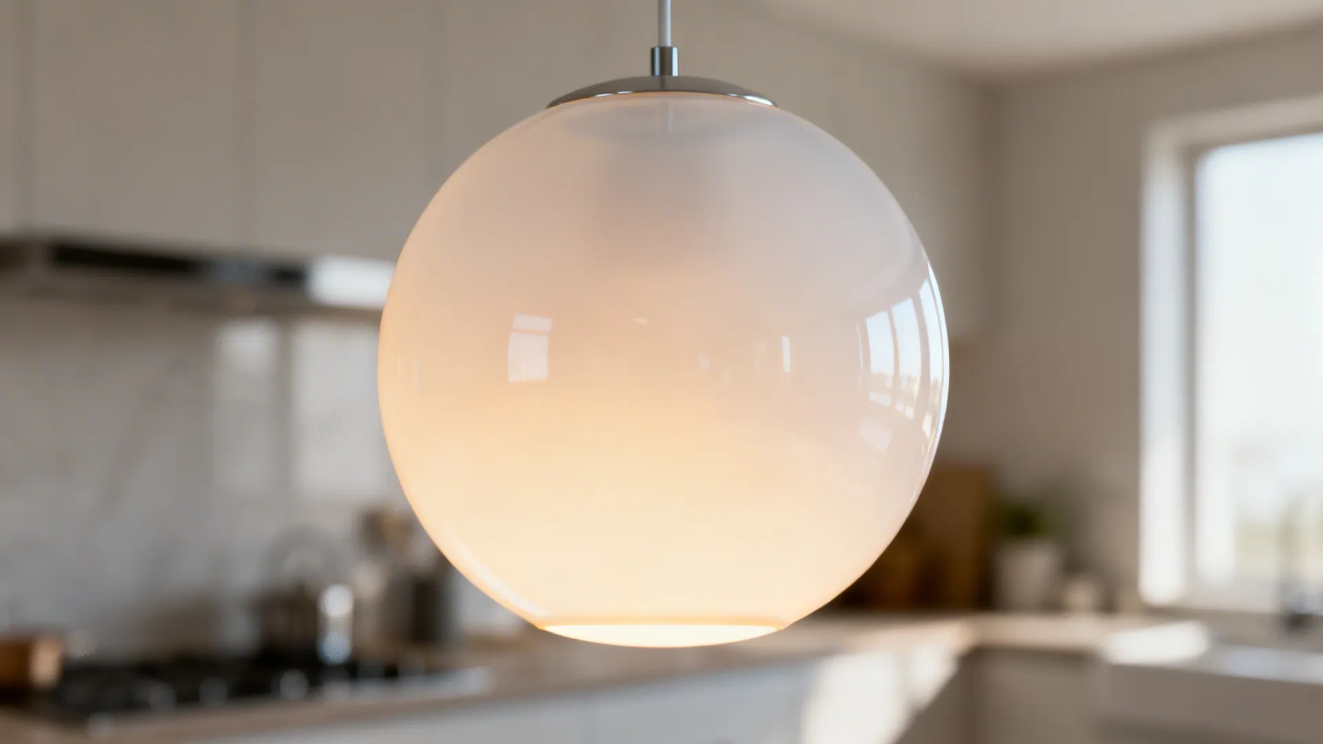 White glass globe ceiling light hanging in a modern kitchen with window and blurred background