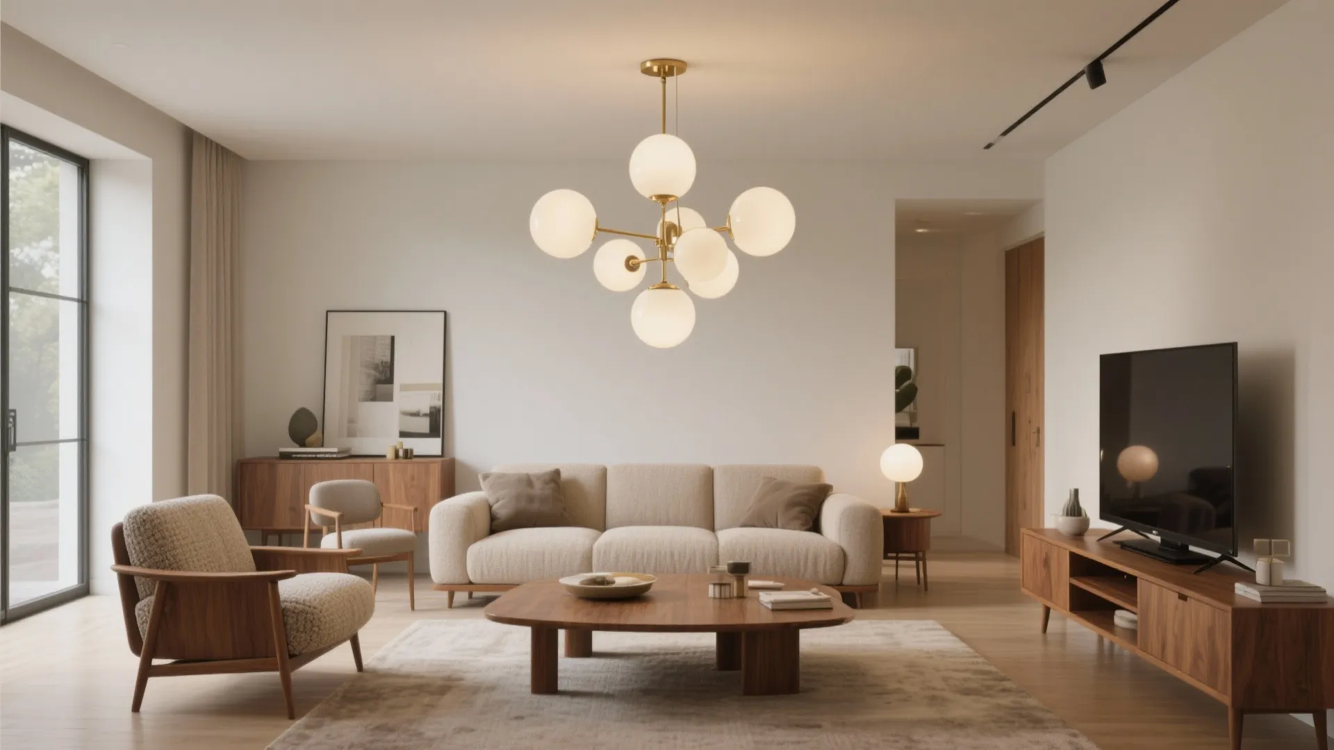 Modern living room with white sofa wooden coffee table gold ceiling light and television stand