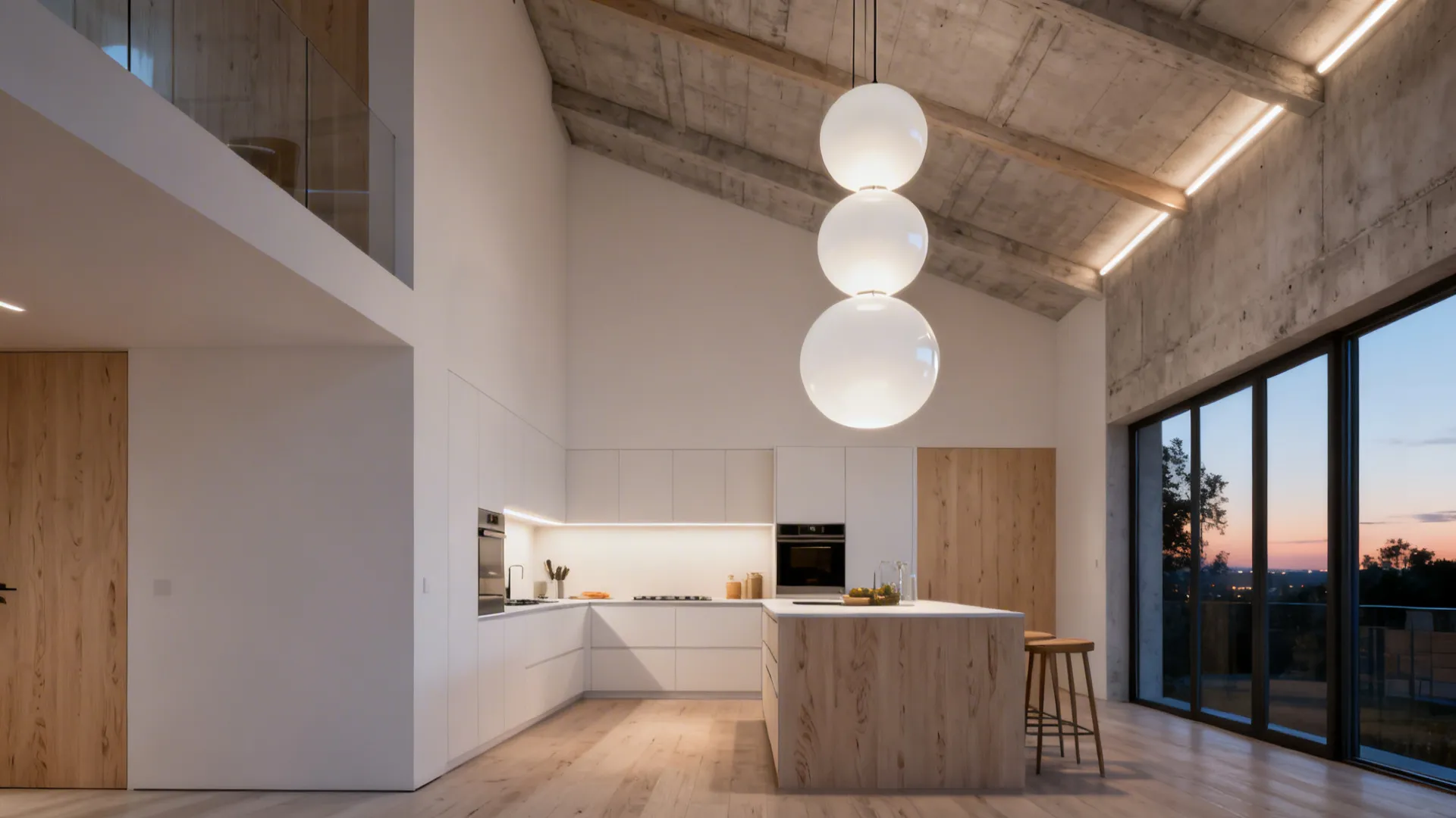 Spacious kitchen with large round ceiling lights wooden island white cabinets and high sloped concrete ceiling