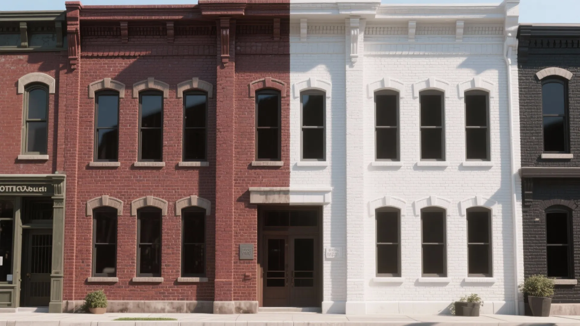 Before and after comparison showing original red brick house wall versus new white painted wall