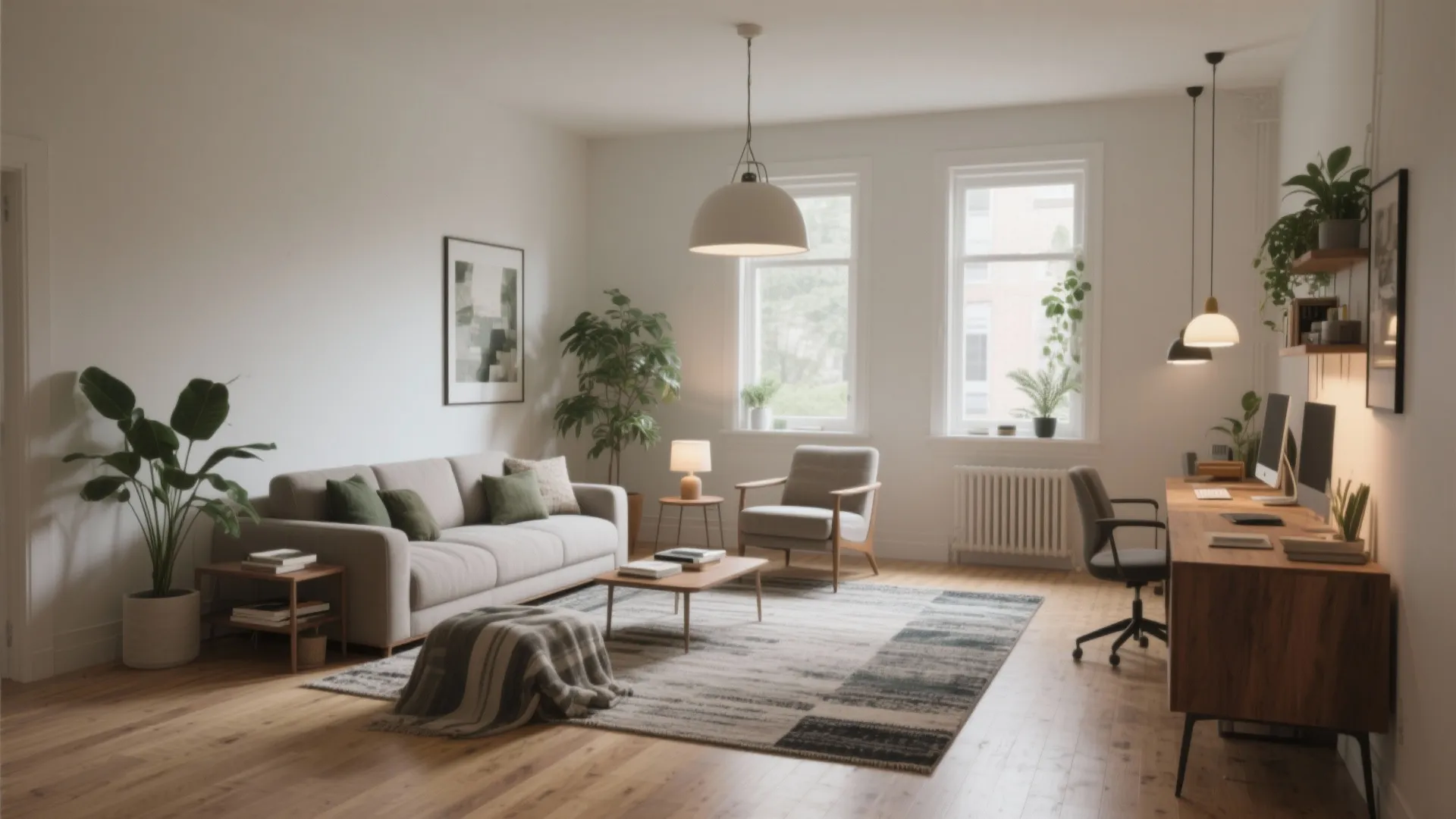 Modern open living room with grey sofa wooden floors home office desk and bright natural light