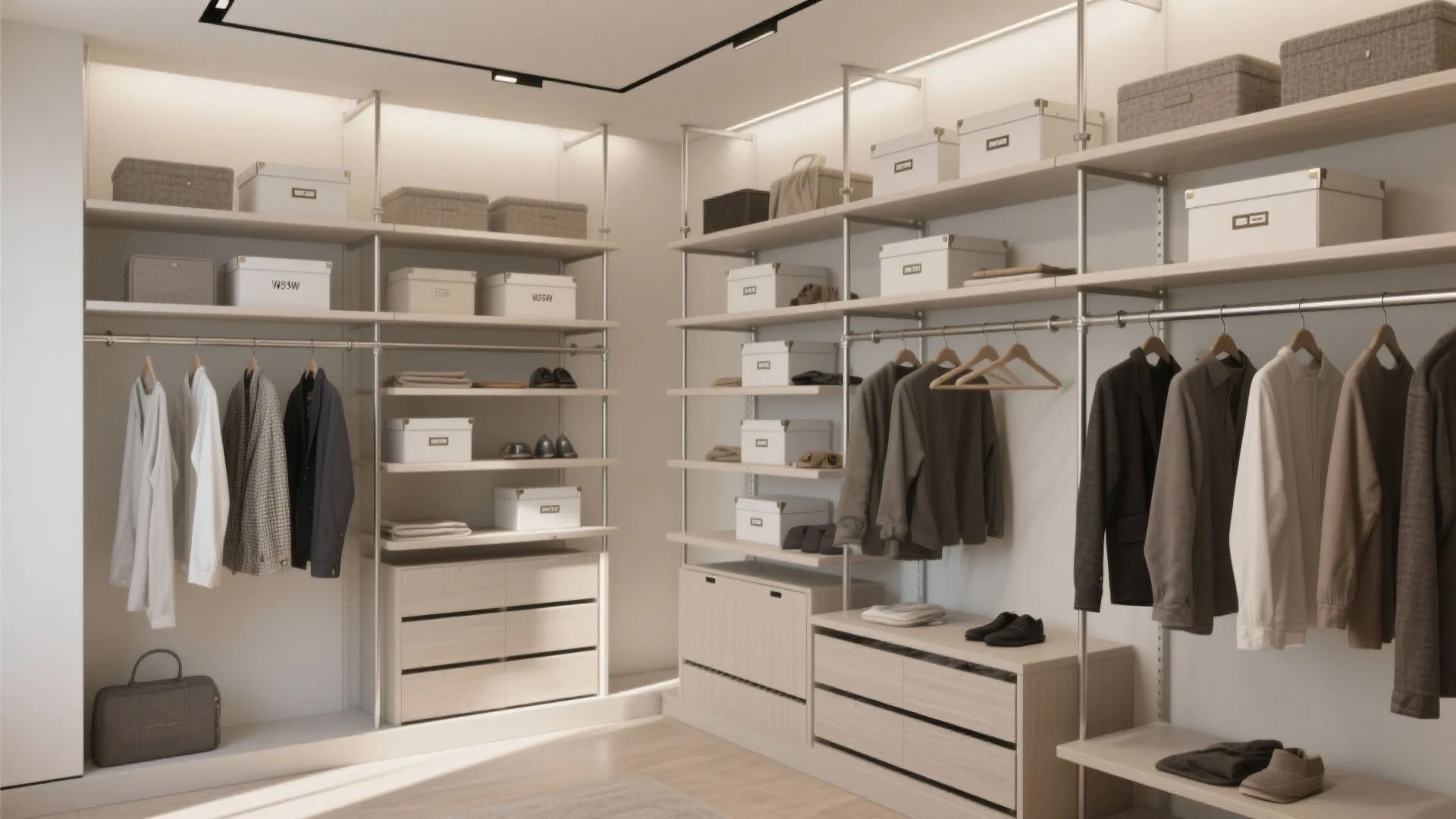 Open-plan closet with adjustable rails, modular shelves and dedicated zones for different wardrobe types.