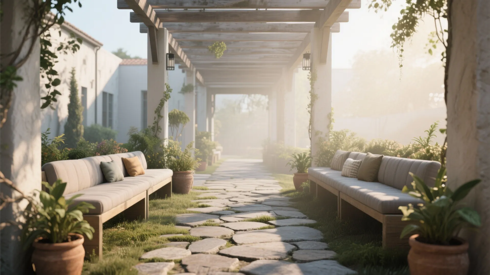Open-air breezeway with benches and plants