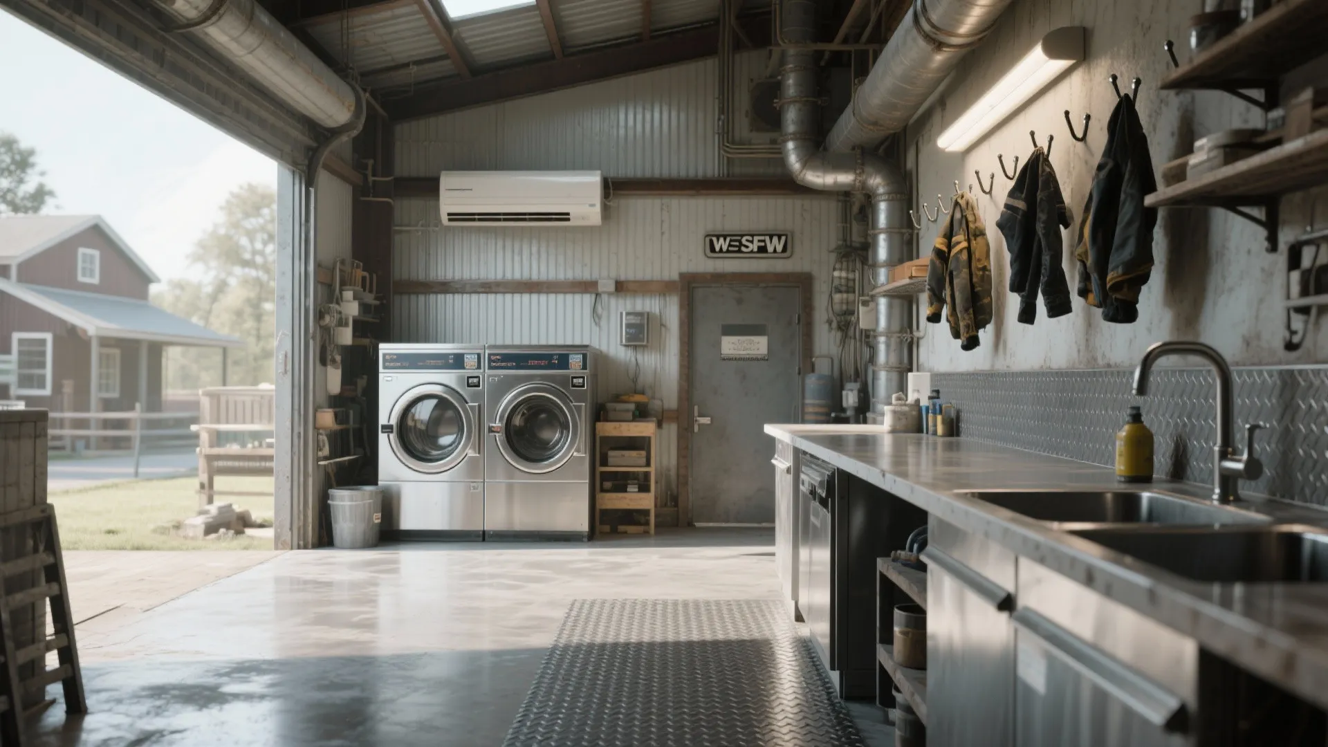 Industrial laundry room in a garage with two washing machines a sink and metal cabinets