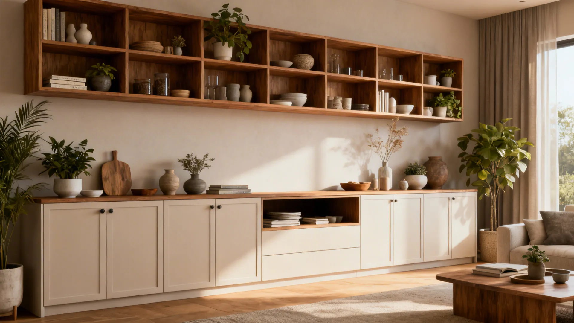 Long wooden wall shelves above white cabinets with plants and pottery in a bright room