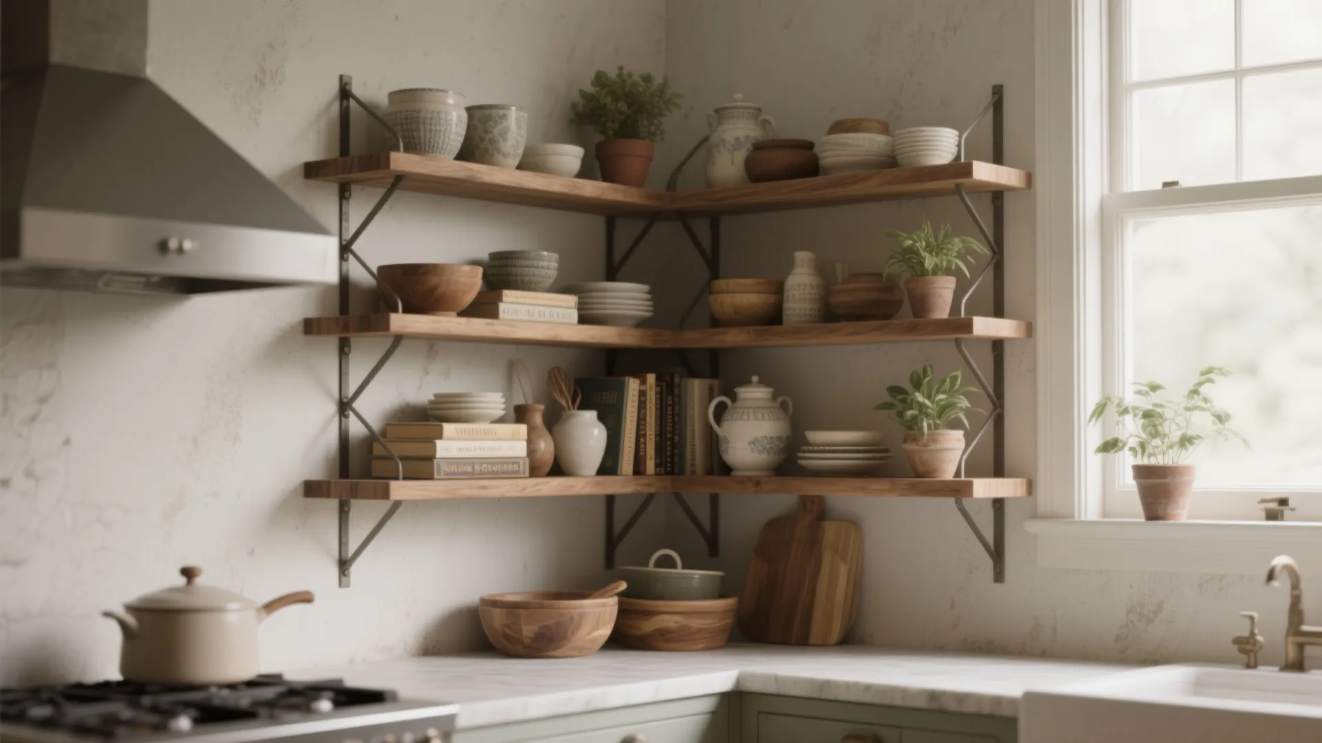 Corner wooden open shelves in kitchen holding bowls books plants and a white tea set