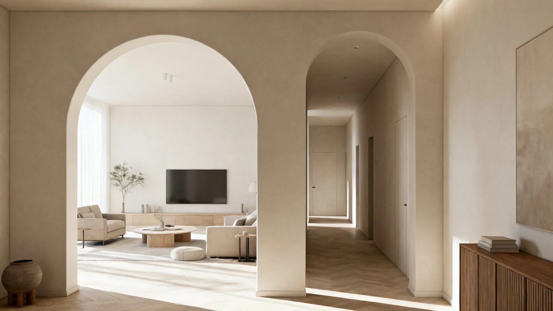 Minimalist living room with beige sofa and television seen through large arch and wooden floor