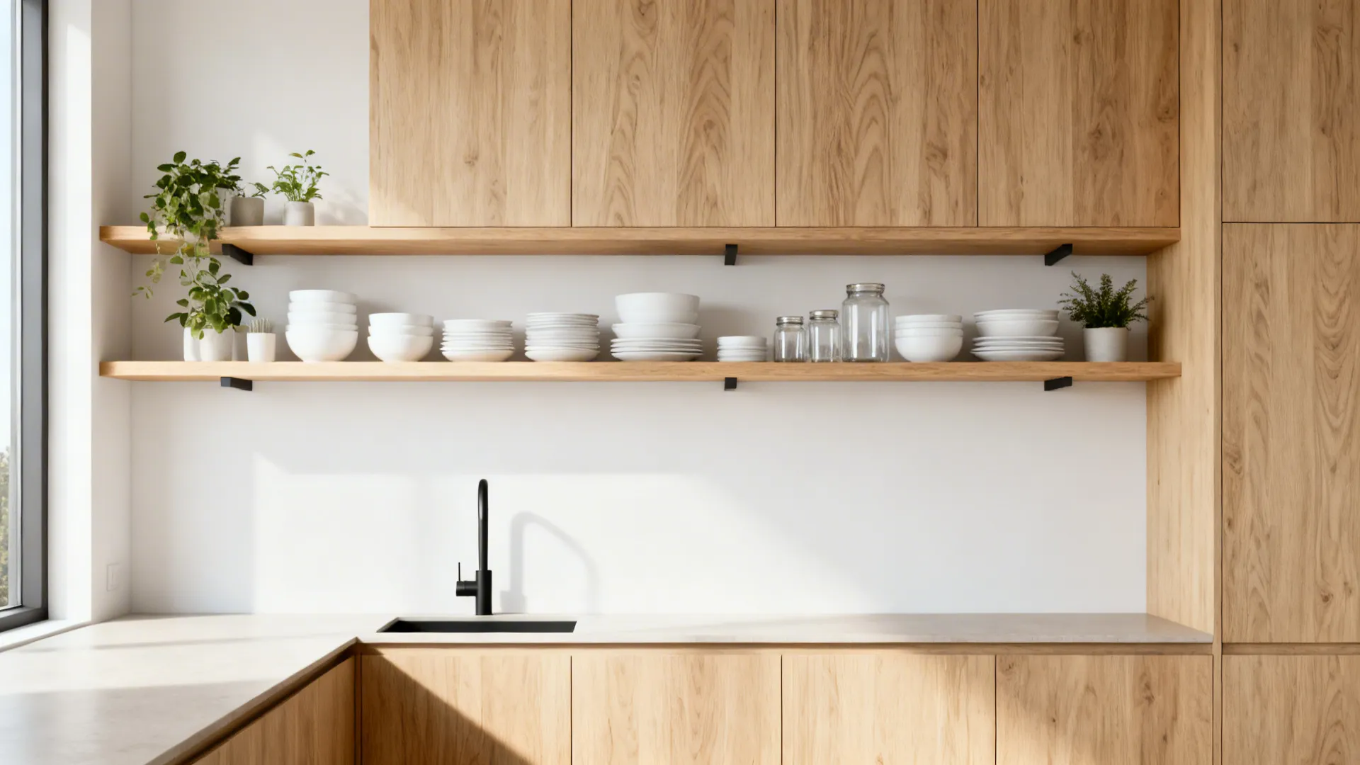 Minimalist galley kitchen with solid ash open shelves and neatly arranged essentials.