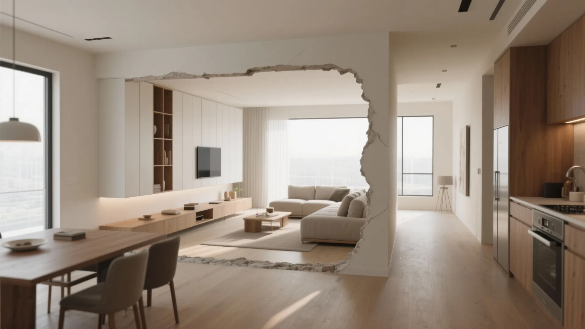 Modern open room layout with dining table and living room seen through a wall opening