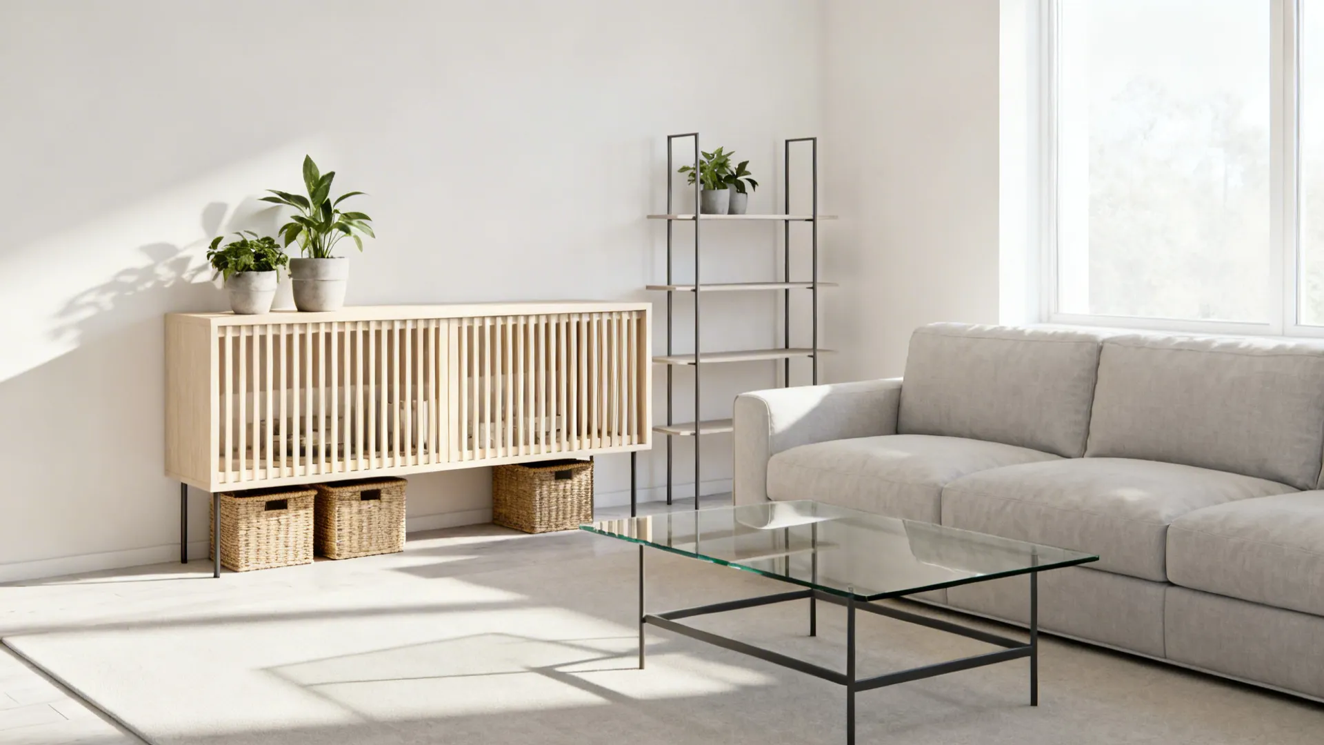 Sectional balanced by open-back slatted console, glass coffee table and slim shelving with baskets for storage.