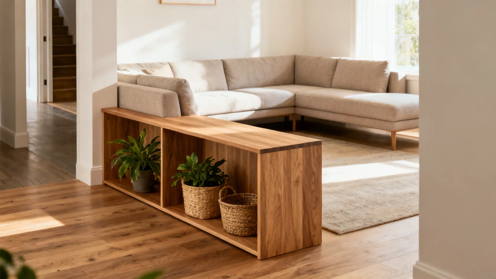 Wooden cabinet with green plants placed behind a beige sofa in a bright living room