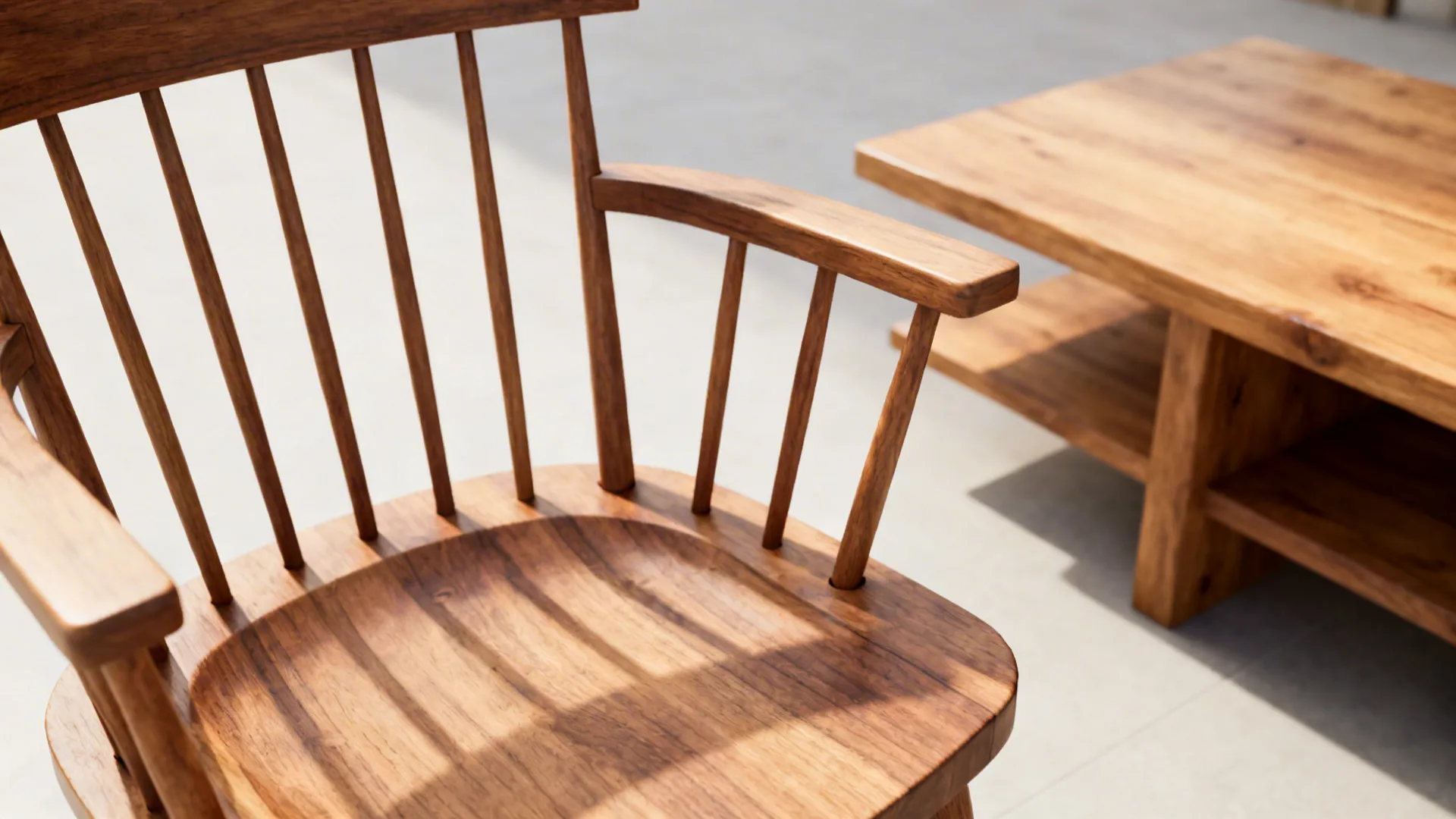 Close up of a wooden chair with spindle back next to a solid wood coffee table