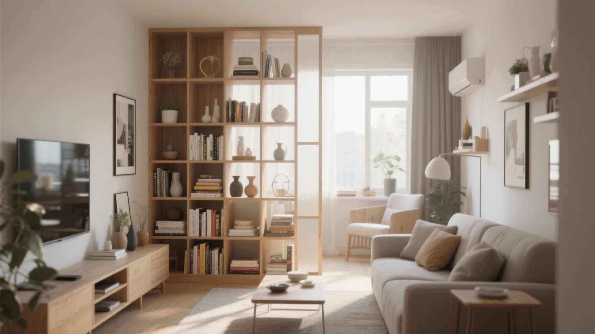 Cozy living room featuring a wooden bookshelf divider beige sofa television cabinet and natural light