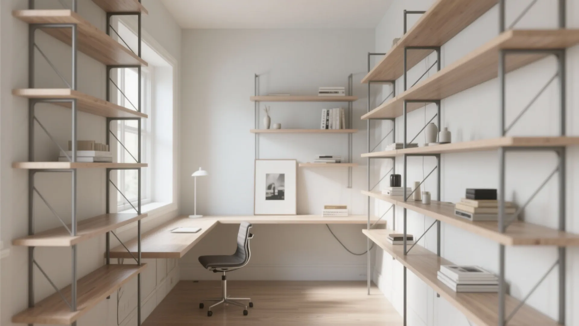 Modern home office with wooden wall shelves a corner desk grey chair and natural light