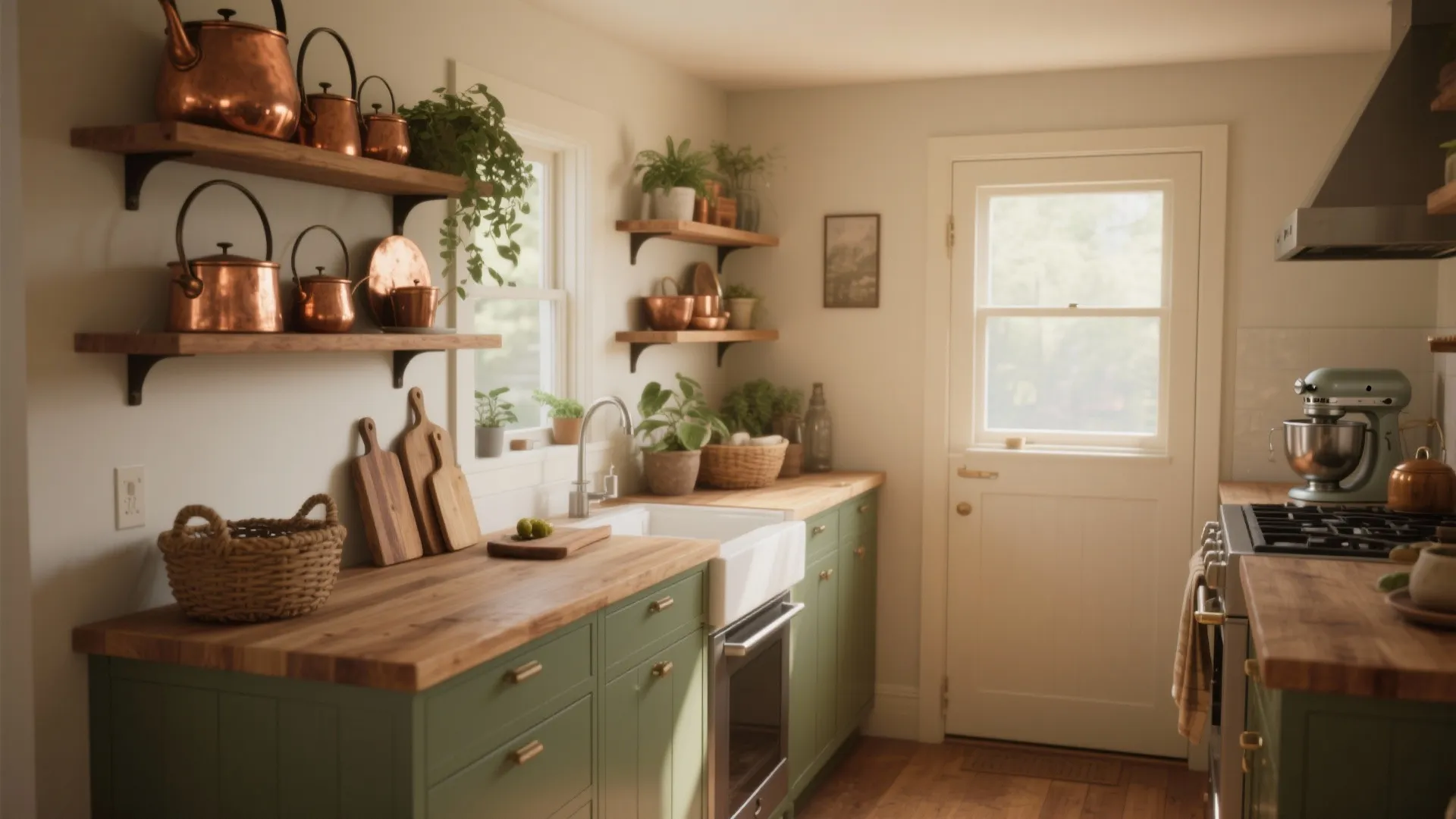 Rustic kitchen with green cabinets wooden countertop copper kettles on shelves white door and plants