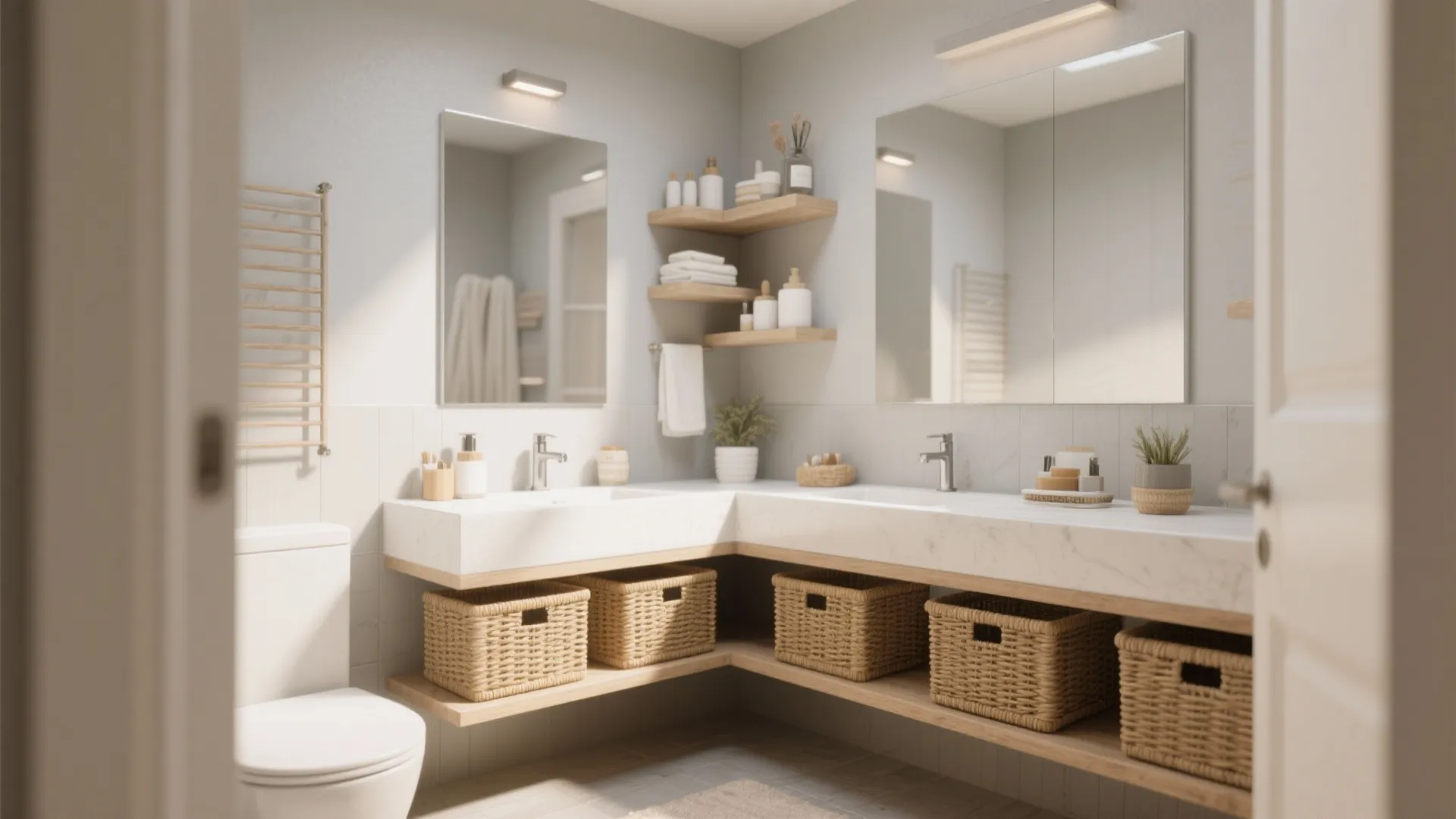 Modern bathroom featuring wooden shelves with woven baskets under a white L-shaped double sink counter