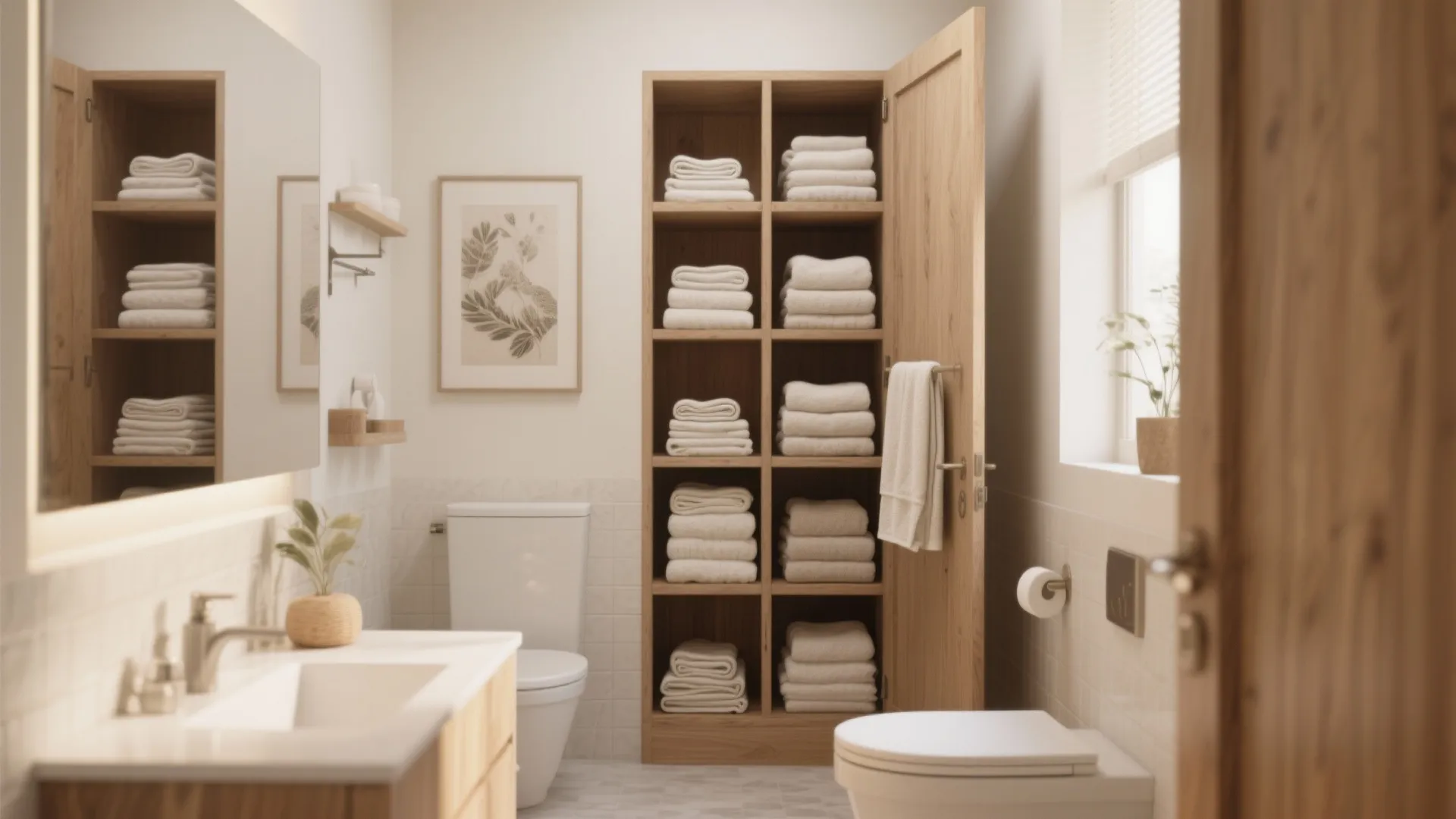 Modern bathroom featuring wood cabinet with neatly folded white towels next to a white toilet