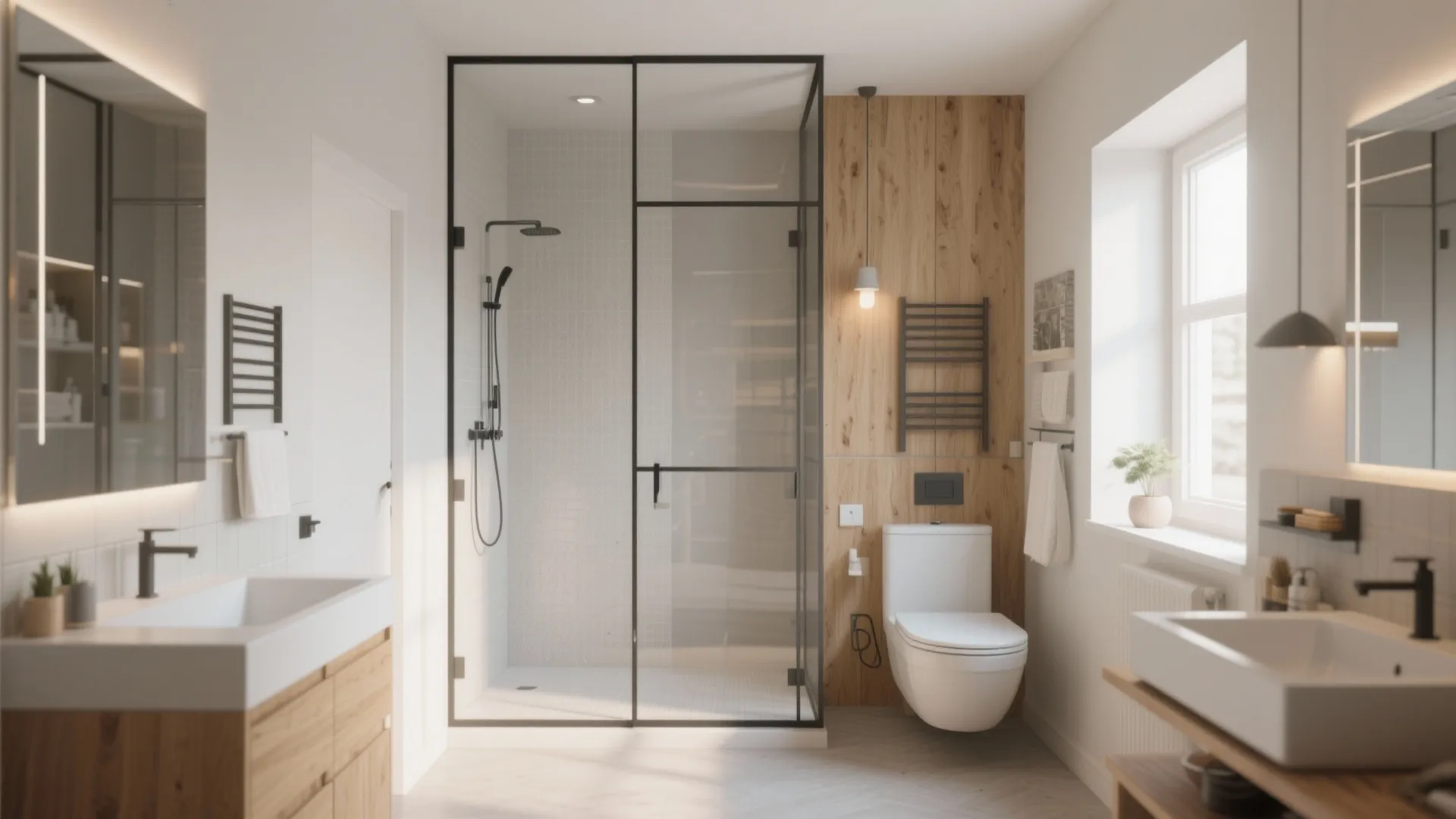 Bright bathroom interior featuring a glass shower door and double sinks with light wood cabinets