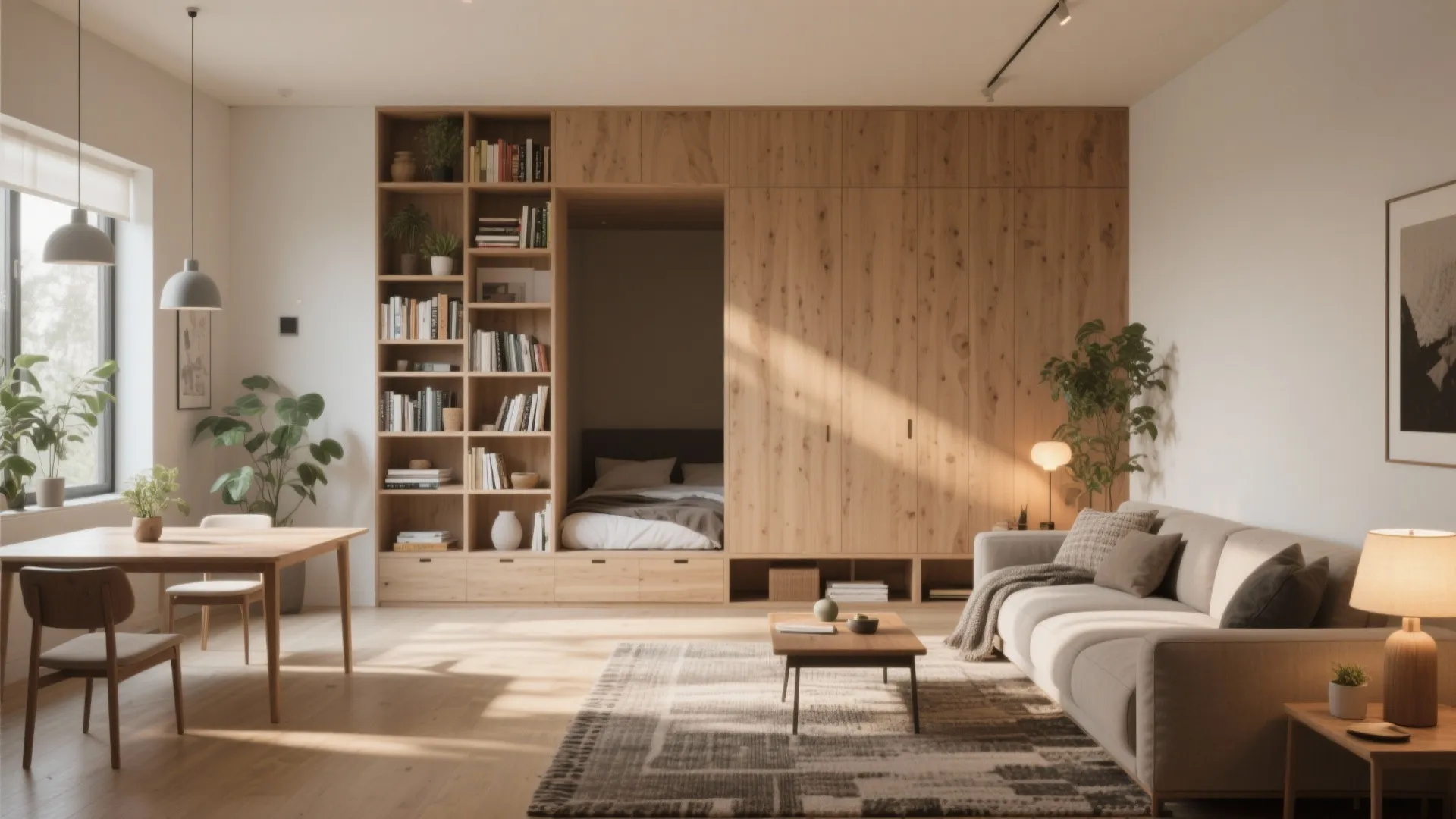 Open-plan studio with a tall bookshelf dividing a cozy bed nook from the living area.