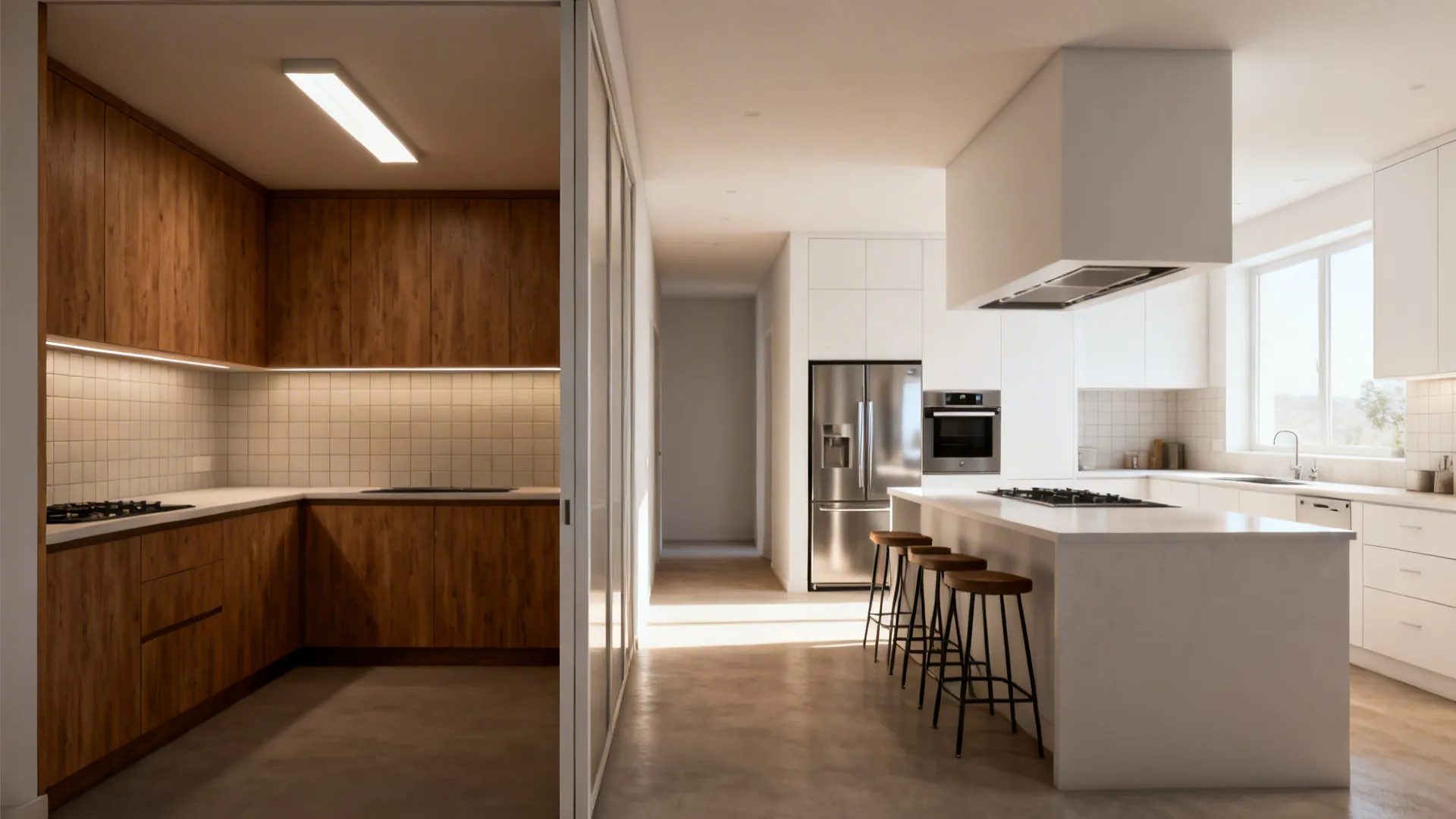 Before-and-after view showing a closed kitchen turned into an open peninsula layout.