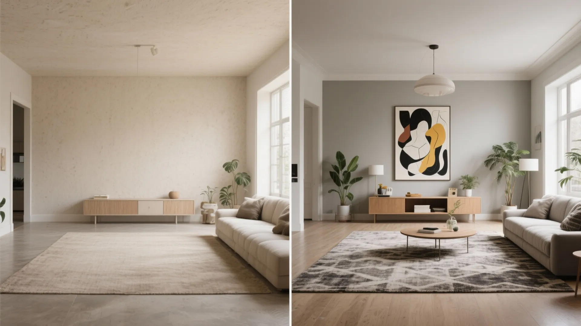 Center and Open-Plan Harmony: Creams, Greige, and Accent Art