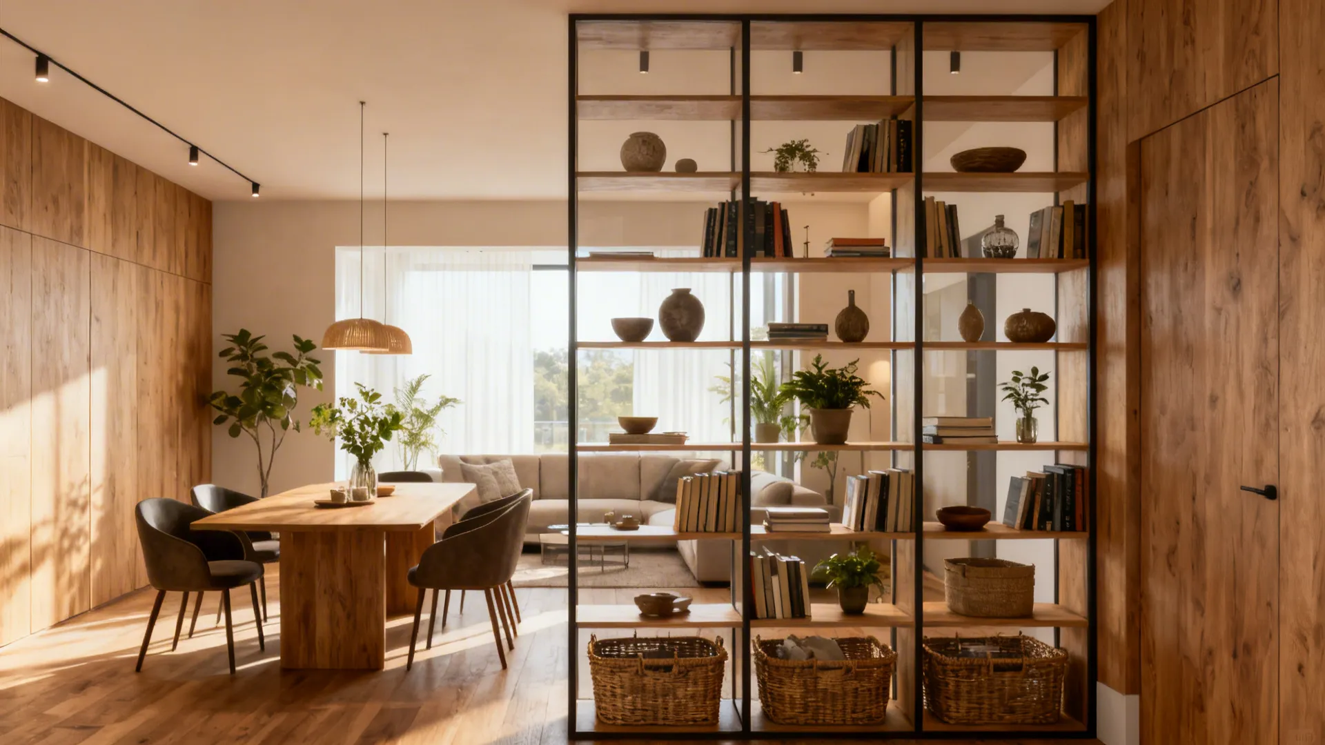 Open wooden bookshelf acting as a room divider between a dining area and living room
