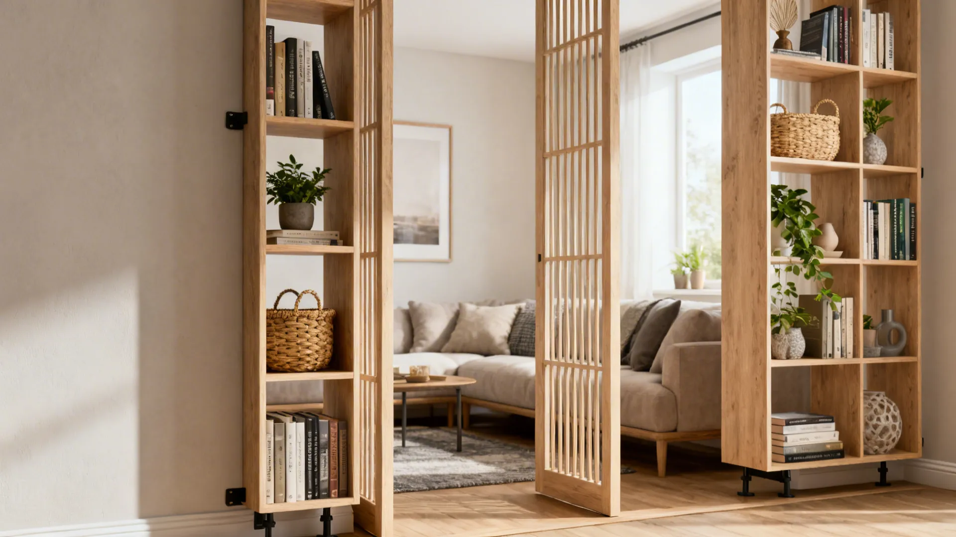 Slim open bookcase used as a breathable room divider with plants, books, and baskets.