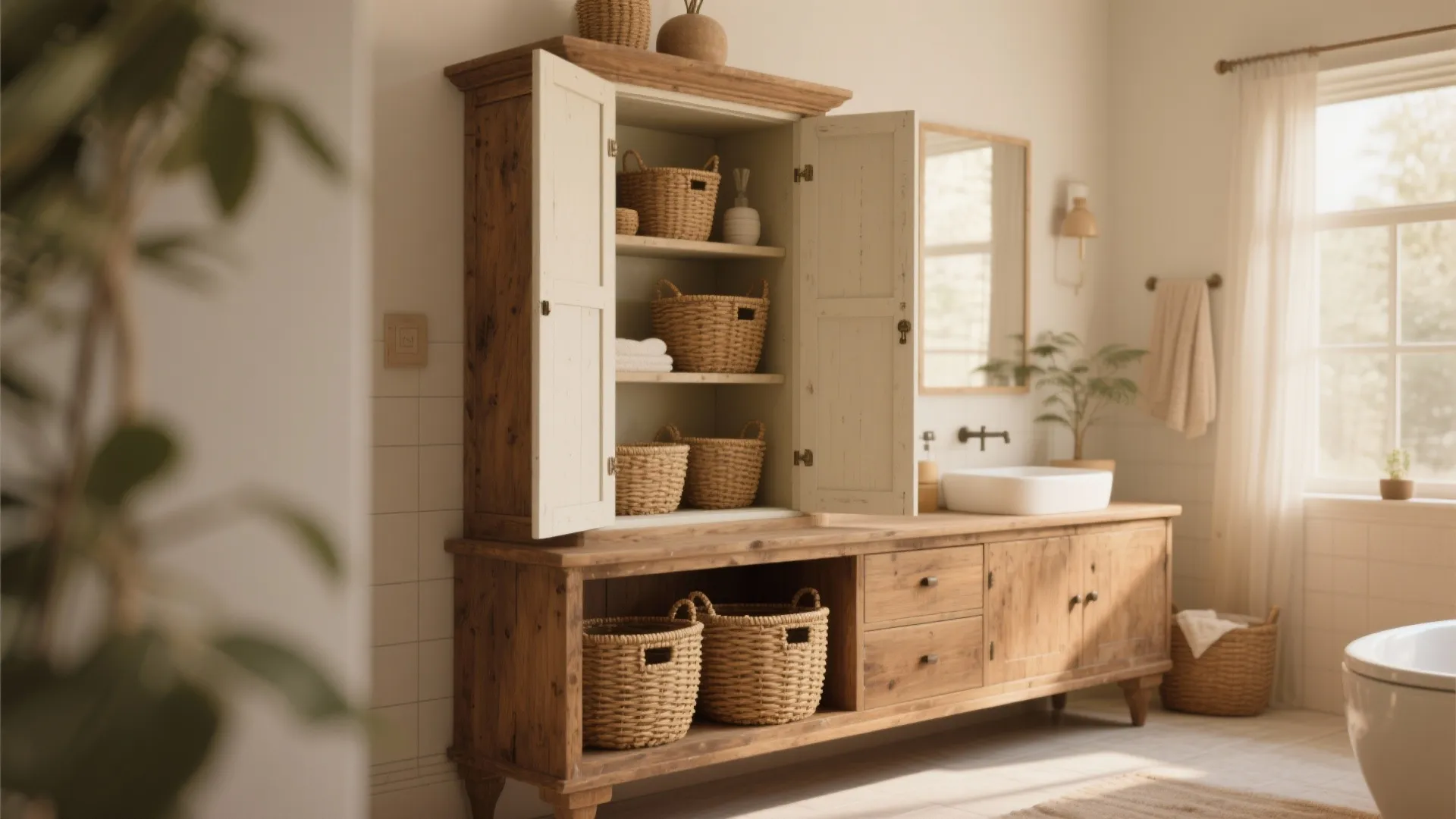 Wooden bathroom cabinet with open doors holding woven baskets next to white sink and mirror
