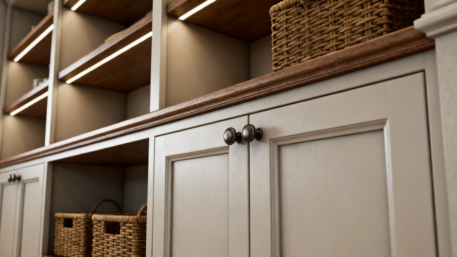 Detail of built-ins mixing open shelving with closed cabinets, showing hardware and textured baskets.